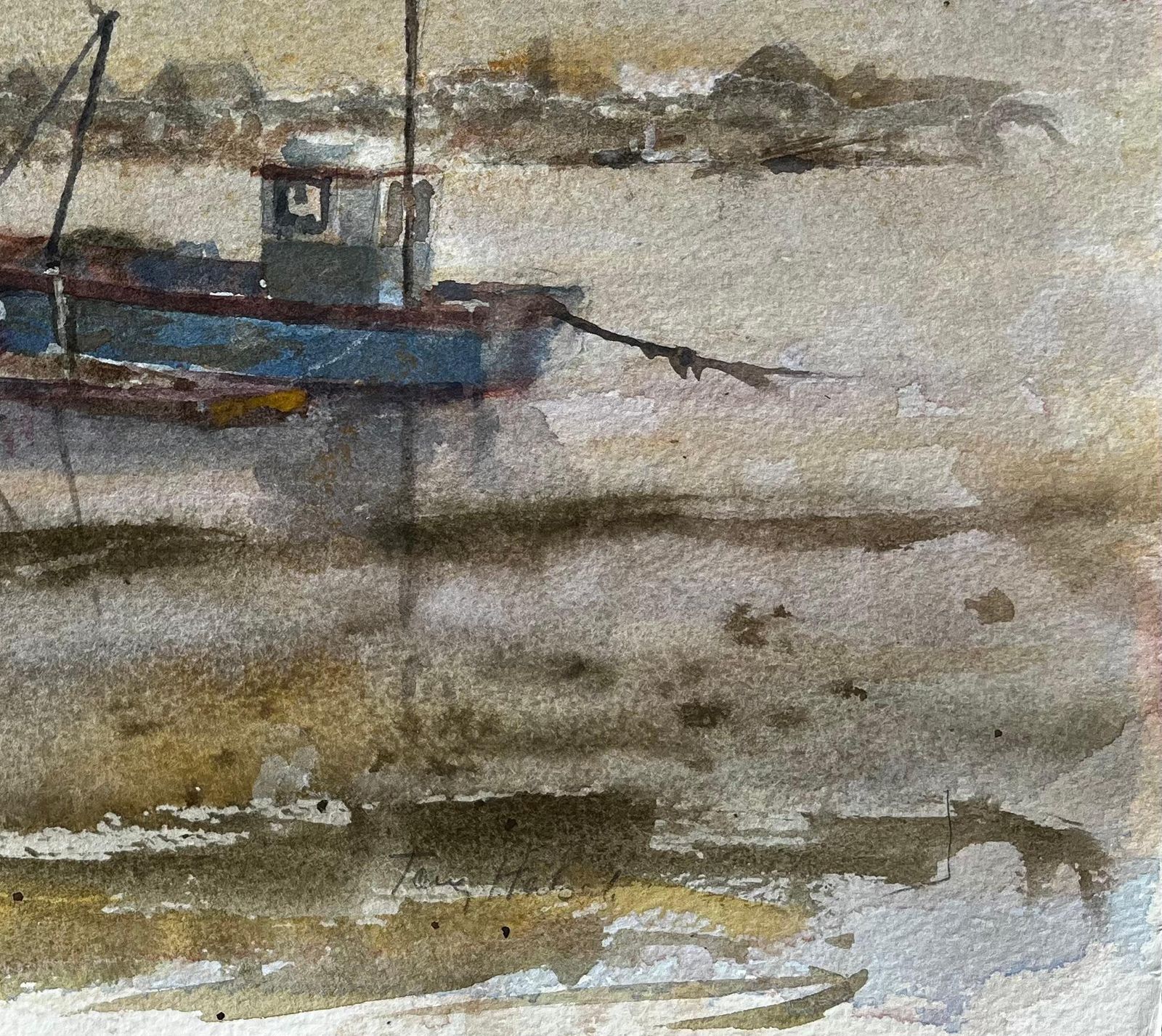 Anthony Herbertmisty Estuary With Blue Fishing Boat And Figure And Wooden Jetty By Tony Herbert photo for sale