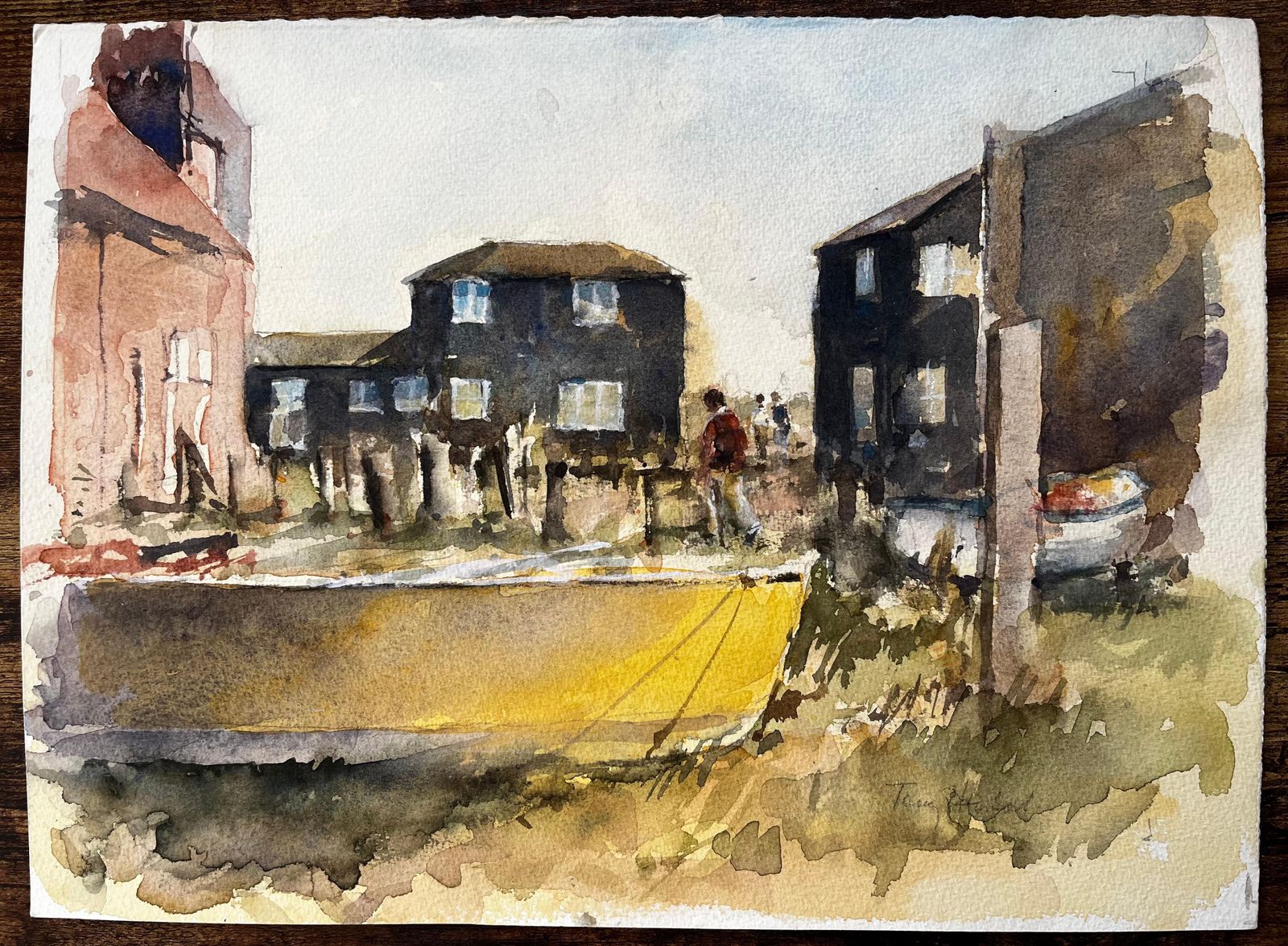 Anthony Herbertsouthwold Coastal Houses With Figures And Yellow Boat Suffolk Watercolour Scene photo furniture