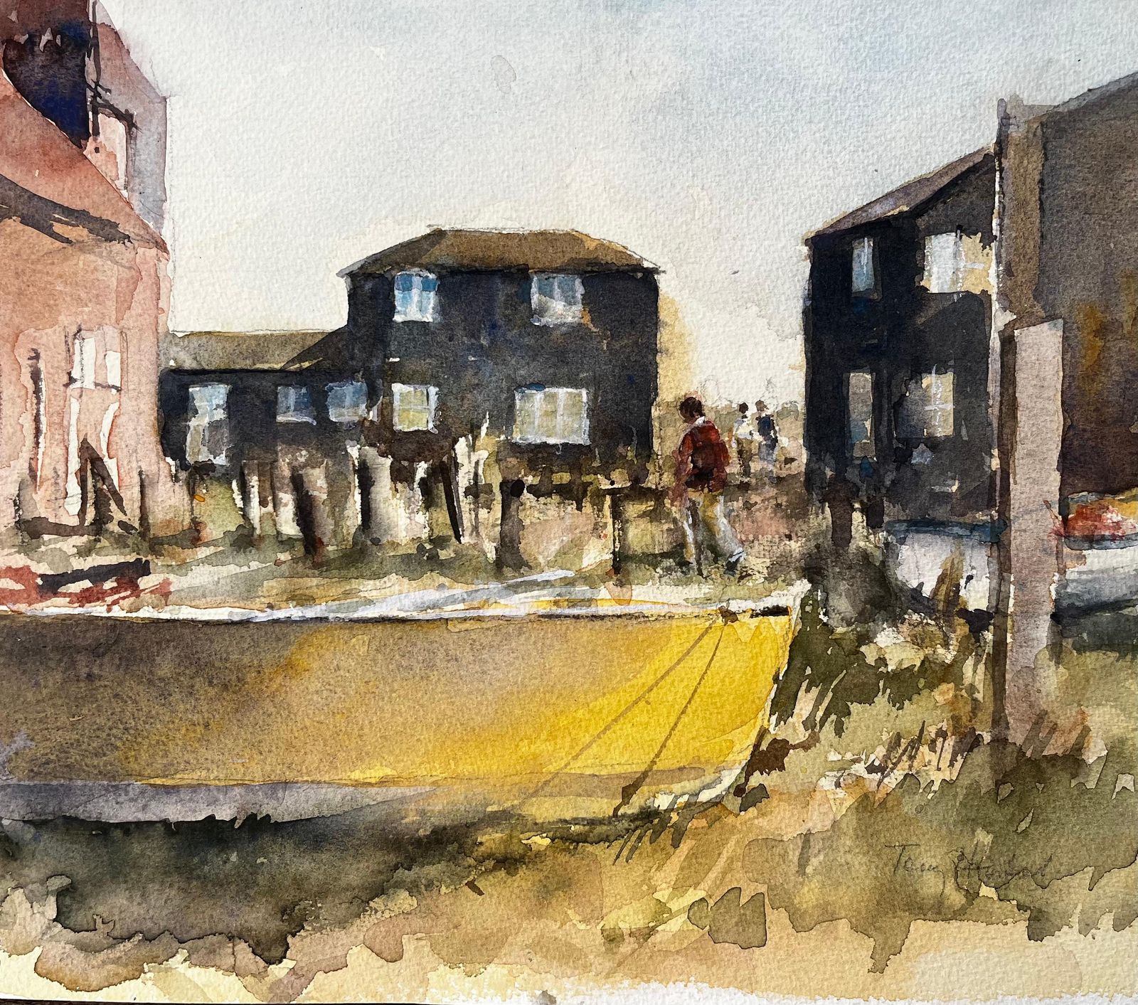 Anthony Herbertsouthwold Coastal Houses With Figures And Yellow Boat Suffolk Watercolour Scene photo Art