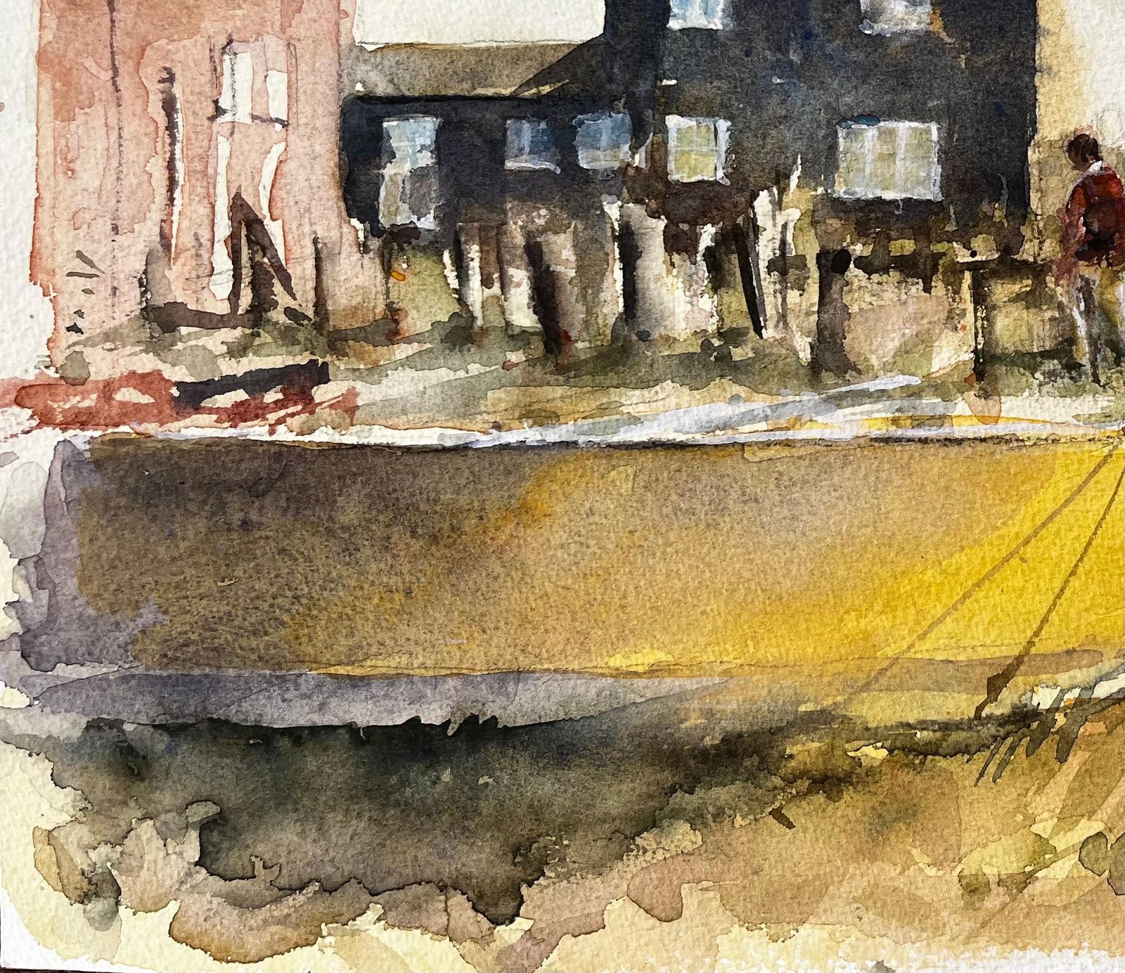 Anthony Herbertsouthwold Coastal Houses With Figures And Yellow Boat Suffolk Watercolour Scene photo 658.0