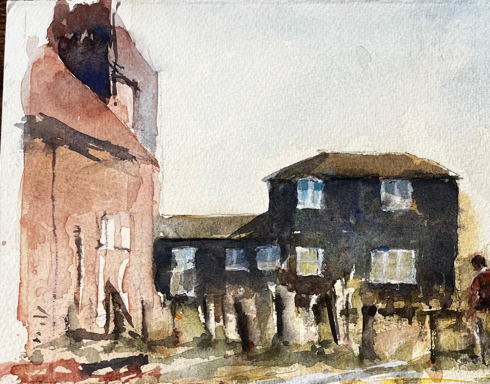Anthony Herbertsouthwold Coastal Houses With Figures And Yellow Boat Suffolk Watercolour Scene photo vinterior