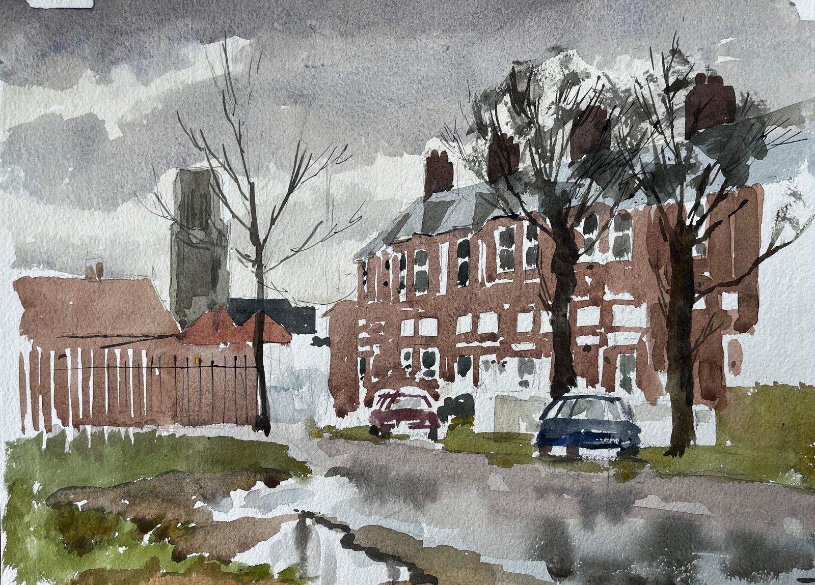 Anthony Herbertsouthwold York Road Scene With Red Brick Terraces Trees And Puddles Watercolour