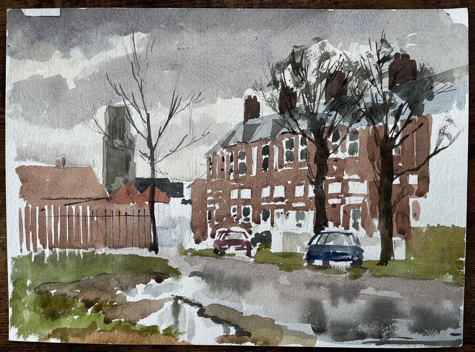 Anthony Herbertsouthwold York Road Scene With Red Brick Terraces Trees And Puddles Watercolour photo furniture