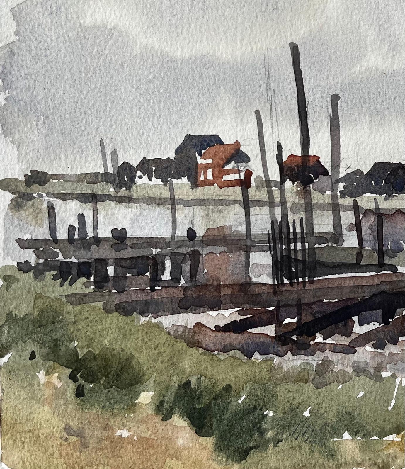Anthony Herbertlow Tide Fishing Boats And Jetties Coastal Marsh Scene July 1996 Watercolour1996 photo 530.0