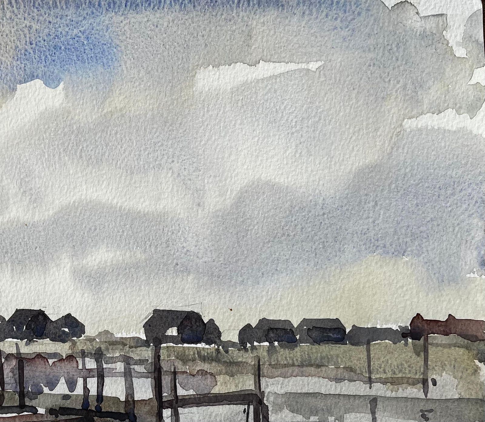 Anthony Herbertlow Tide Fishing Boats And Jetties Coastal Marsh Scene July 1996 Watercolour1996 photo vinterior