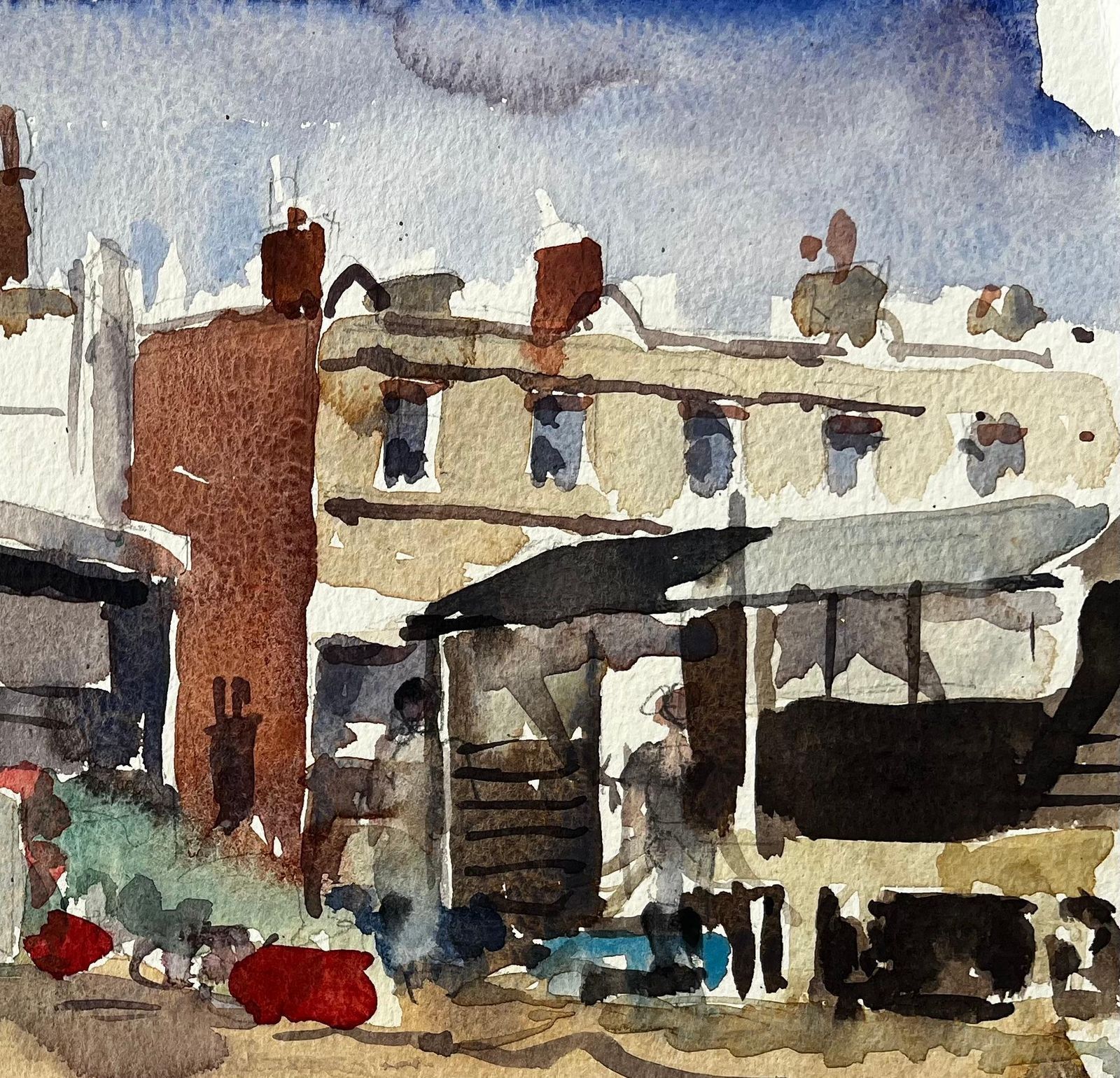 Anthony Herbertcoastal Fishing Huts With Nets And Harbour Debris Watercolour Landscape photo for sale