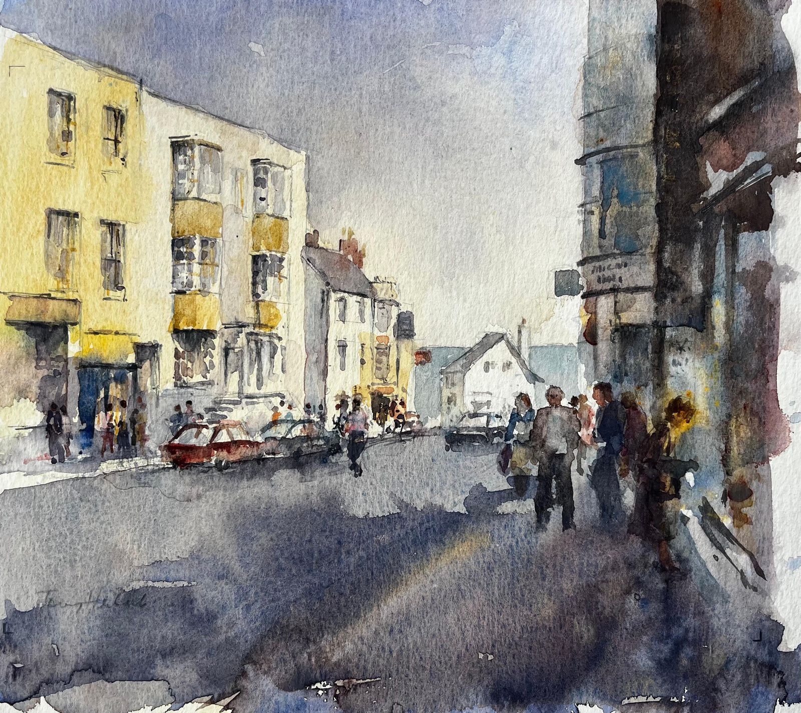 Anthony Herbertbusy High Street Scene With Figures Cars And Yellow Townhouses Watercolour