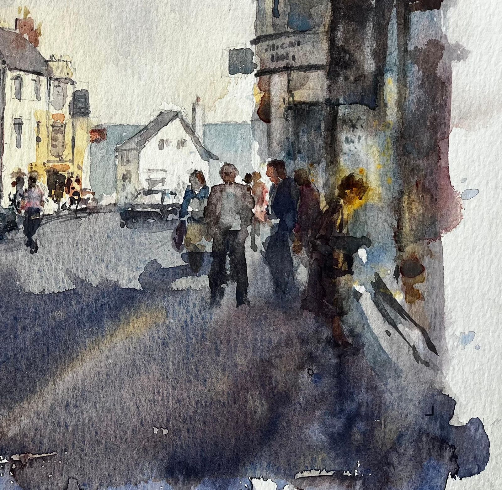 Anthony Herbertbusy High Street Scene With Figures Cars And Yellow Townhouses Watercolour photo for sale