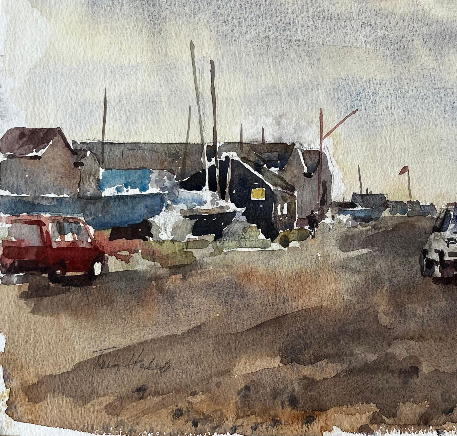 Anthony Herbertsouthwold Harbour With Boatsheds Moored Vessels Peugeot Car And Cloudy Sky1997 photo Art