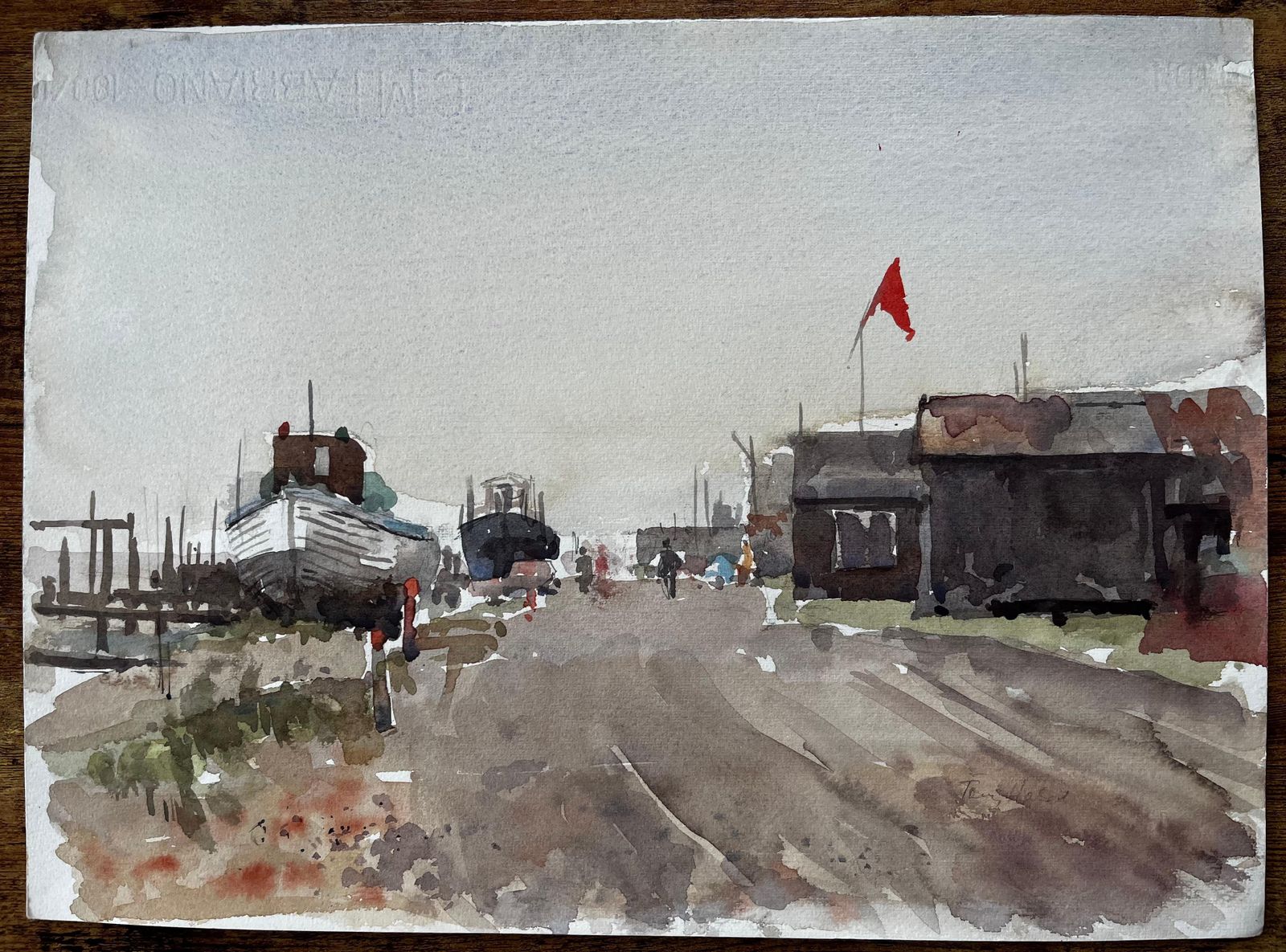 Anthony Herbertsouthwold Boatyard With Red Flag Fishing Sheds And Harbour Walkway Watercolour1997 photo furniture