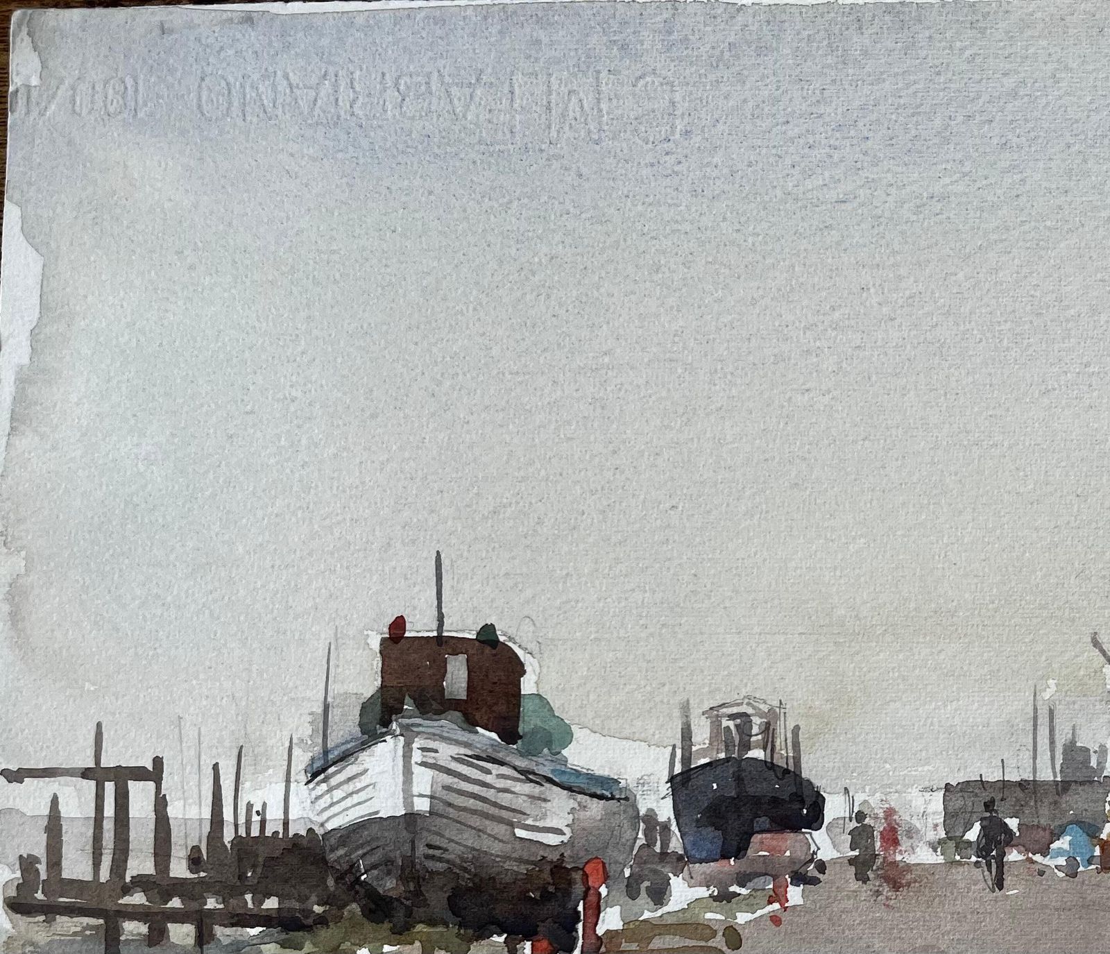 Anthony Herbertsouthwold Boatyard With Red Flag Fishing Sheds And Harbour Walkway Watercolour1997 photo vinterior