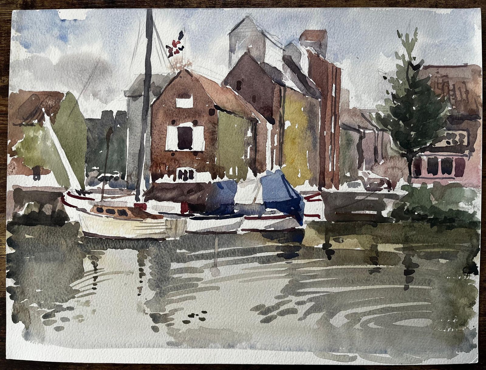 Anthony Herbertoriginal Watercolour Moored Sailboats And Riverside Buildings With Reflections1996 photo furniture