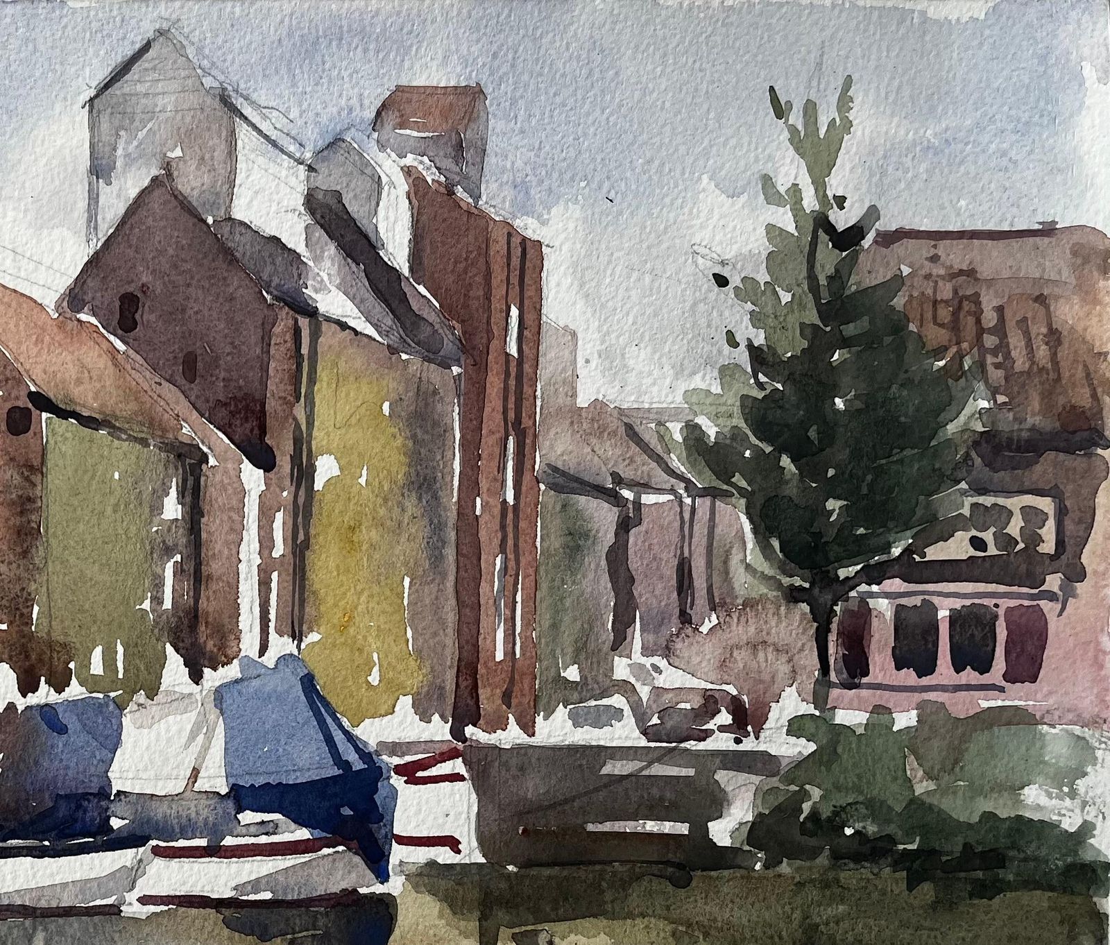 Anthony Herbertoriginal Watercolour Moored Sailboats And Riverside Buildings With Reflections1996 photo Art