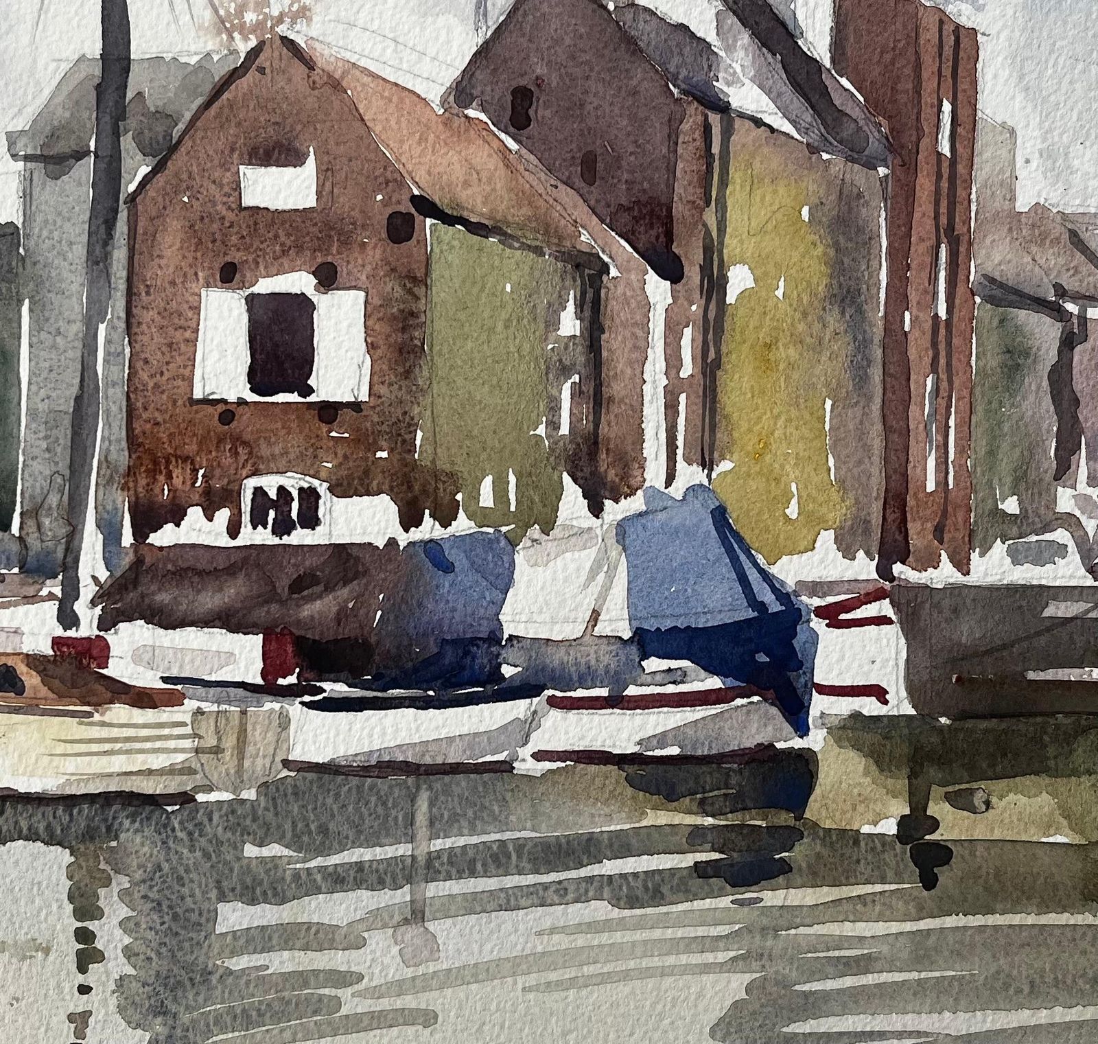 Anthony Herbertoriginal Watercolour Moored Sailboats And Riverside Buildings With Reflections1996 photo vinterior