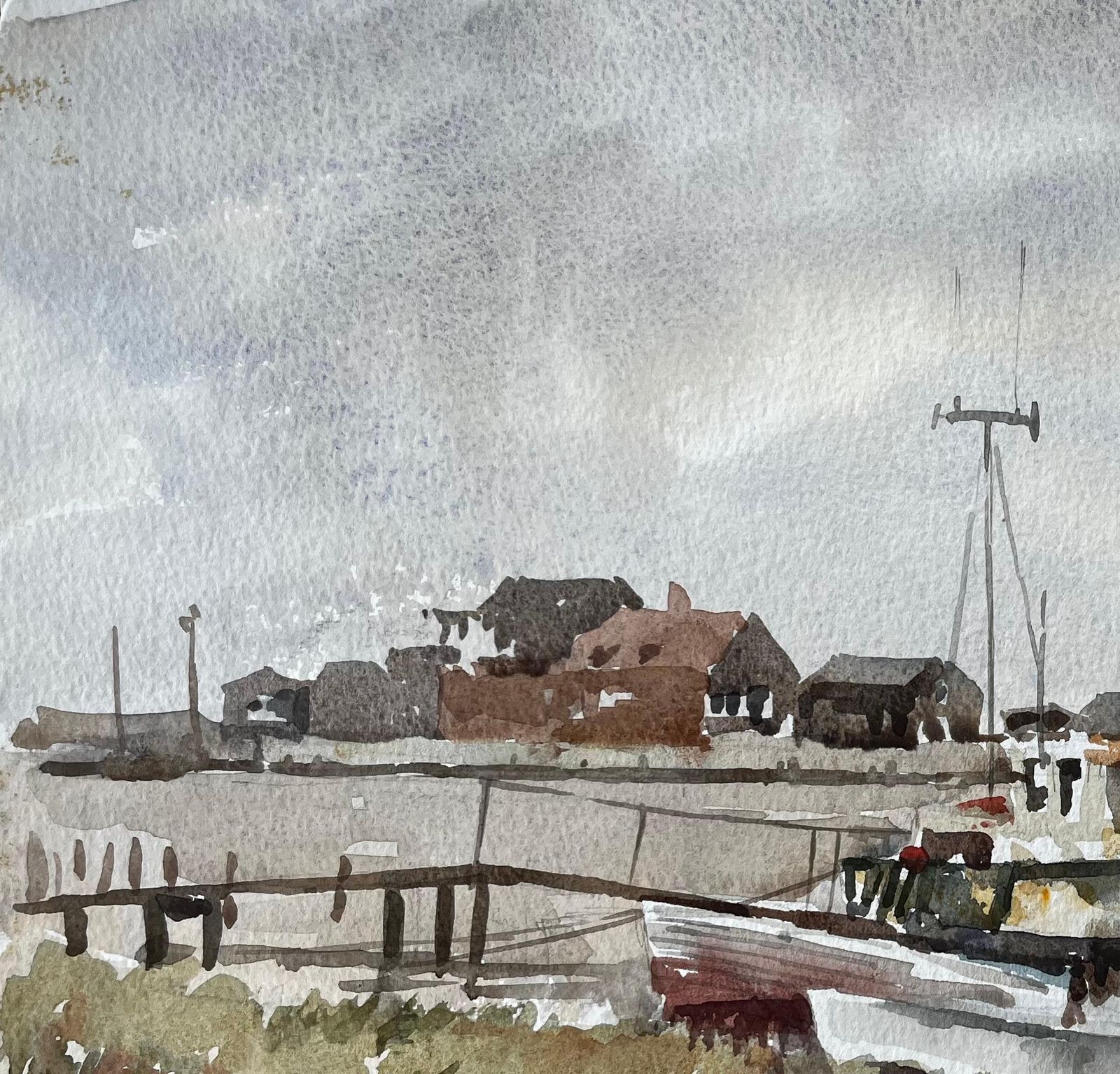 Anthony Herbertsouthwold Harbour Fishing Boat Low Tide Estuary Scene With Sheds And Moorings1994 photo 707.0
