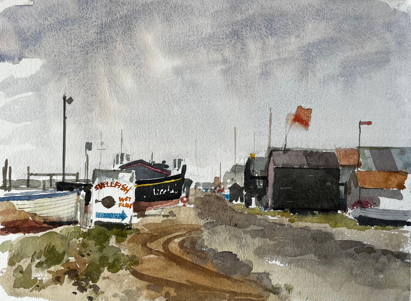 Anthony Herbertoriginal Watercolour Southwold Harbour Boats And Fishing Huts Scene1993