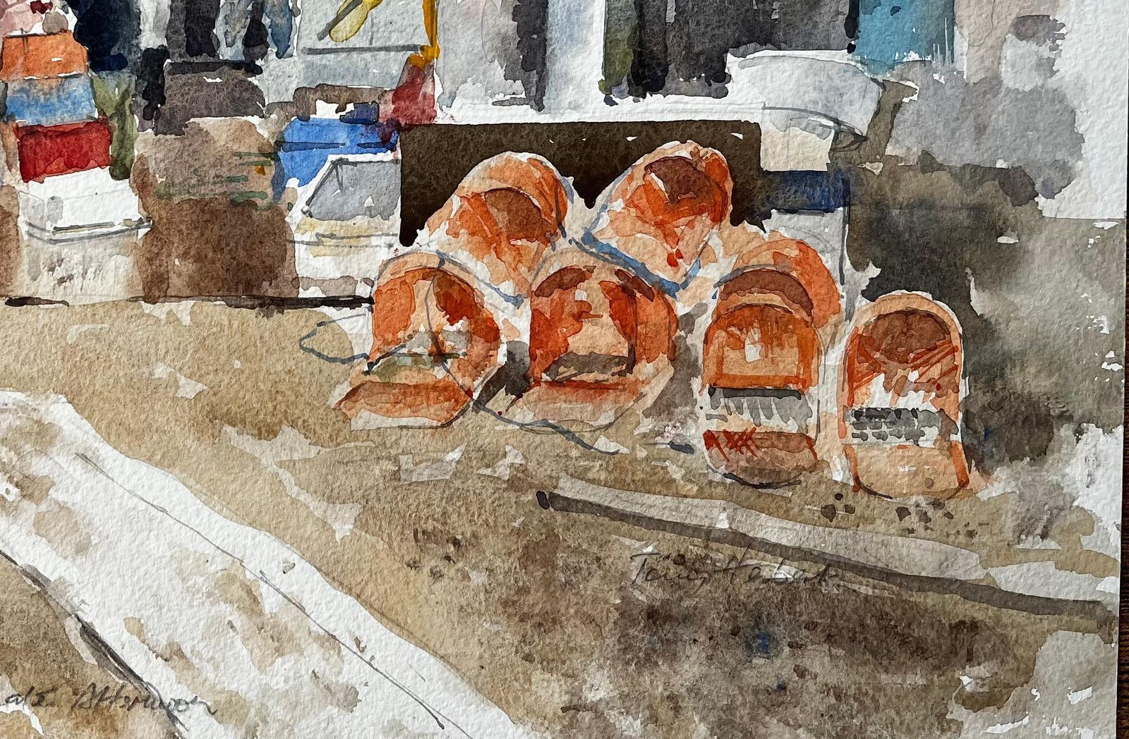 Anthony Herbertoriginal Watercolour Aldeburgh Fishing Quay Scene With Lobster Pots And Market1998 photo 483.0