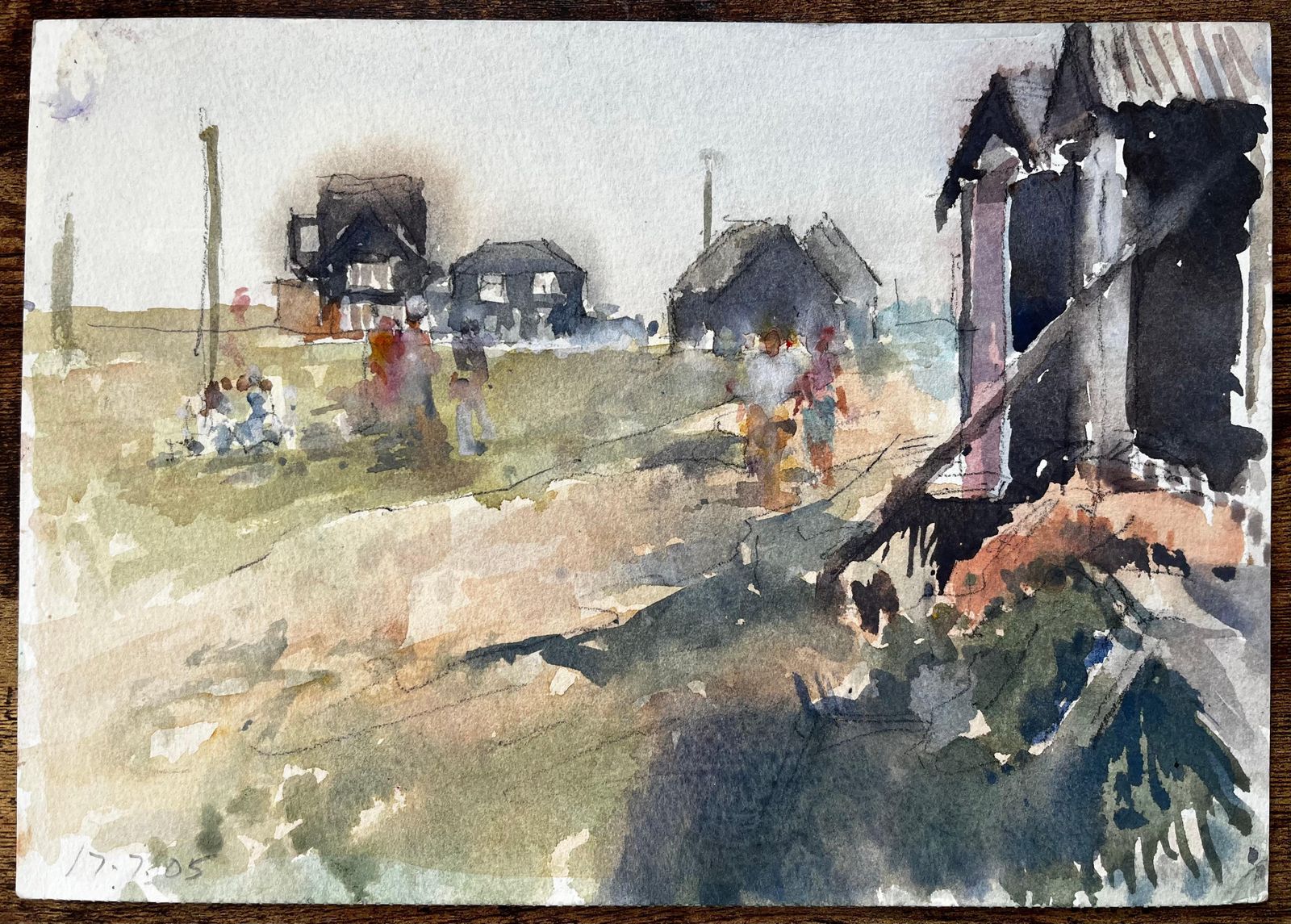 Anthony Herbertoriginal Watercolour Village Scene With Figures And Cabins Summer 2005 photo furniture