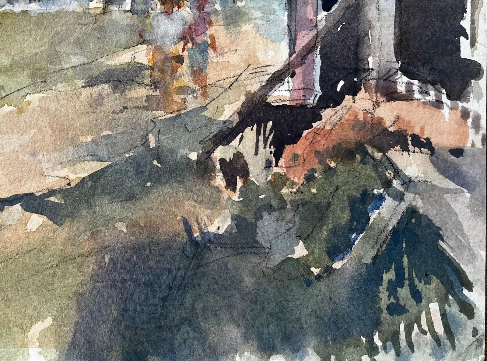 Anthony Herbertoriginal Watercolour Village Scene With Figures And Cabins Summer 2005 photo Art