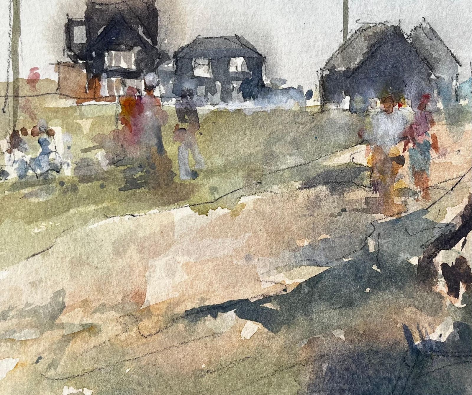 Anthony Herbertoriginal Watercolour Village Scene With Figures And Cabins Summer 2005 photo buy