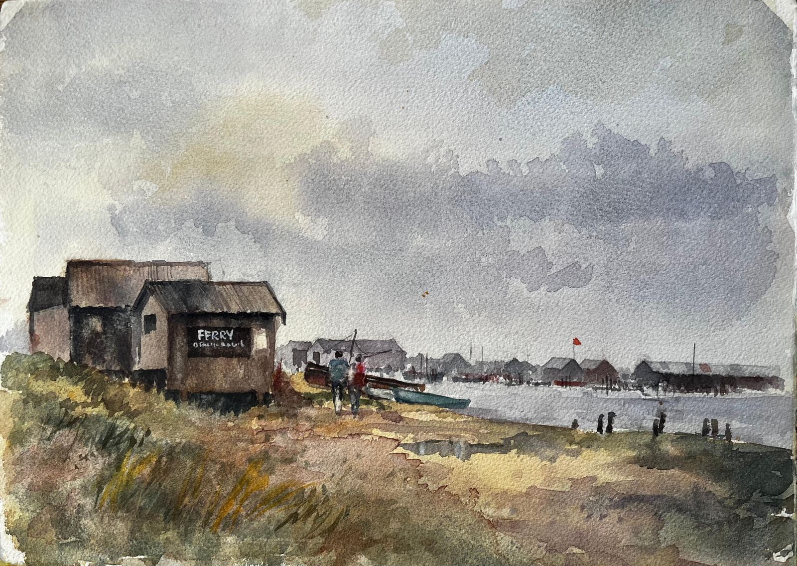 Anthony Herbertbritish Estuary Ferry Shed And Distant Harbour With Figures Watercolour Painting