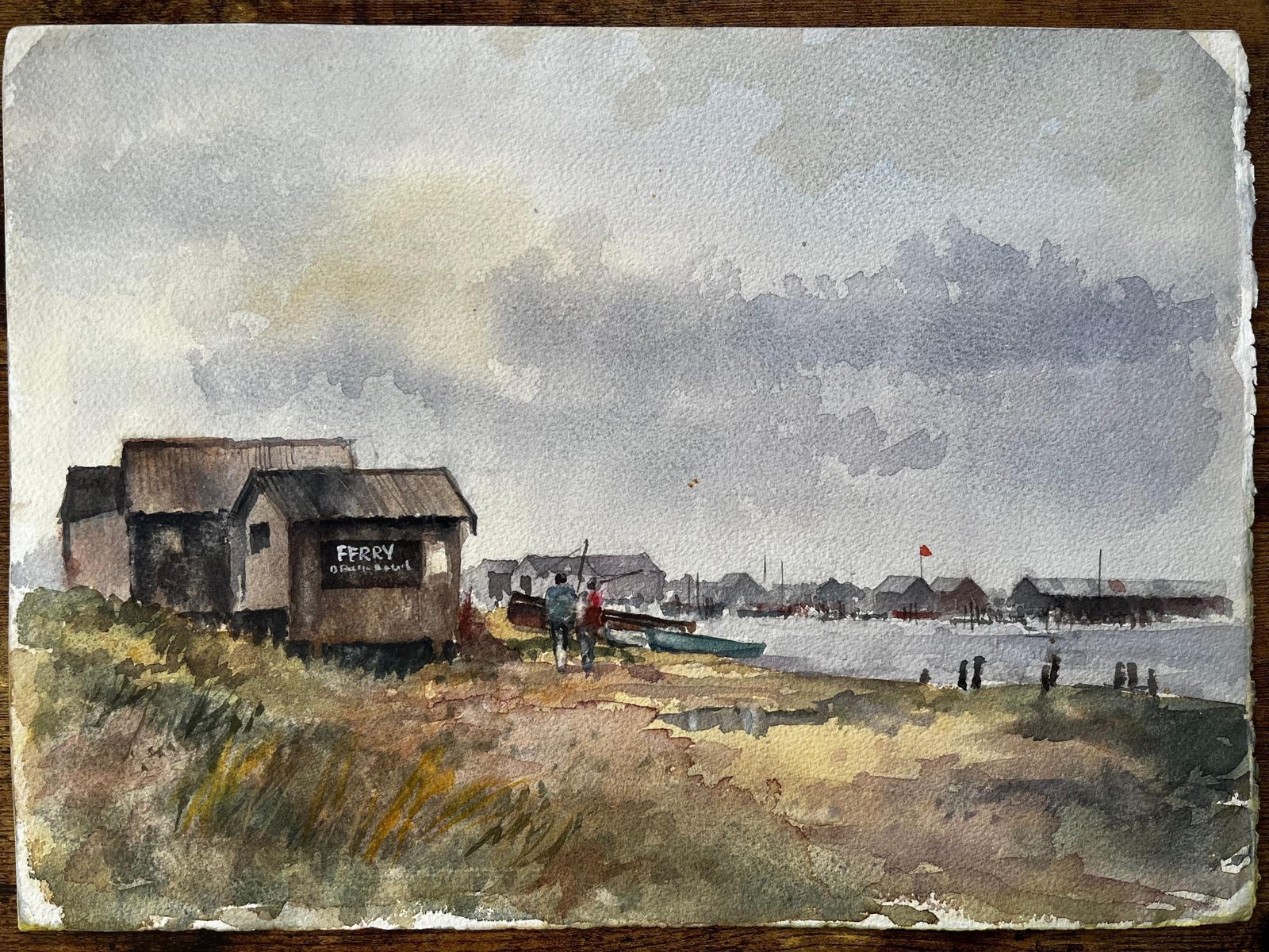 Anthony Herbertbritish Estuary Ferry Shed And Distant Harbour With Figures Watercolour Painting photo furniture
