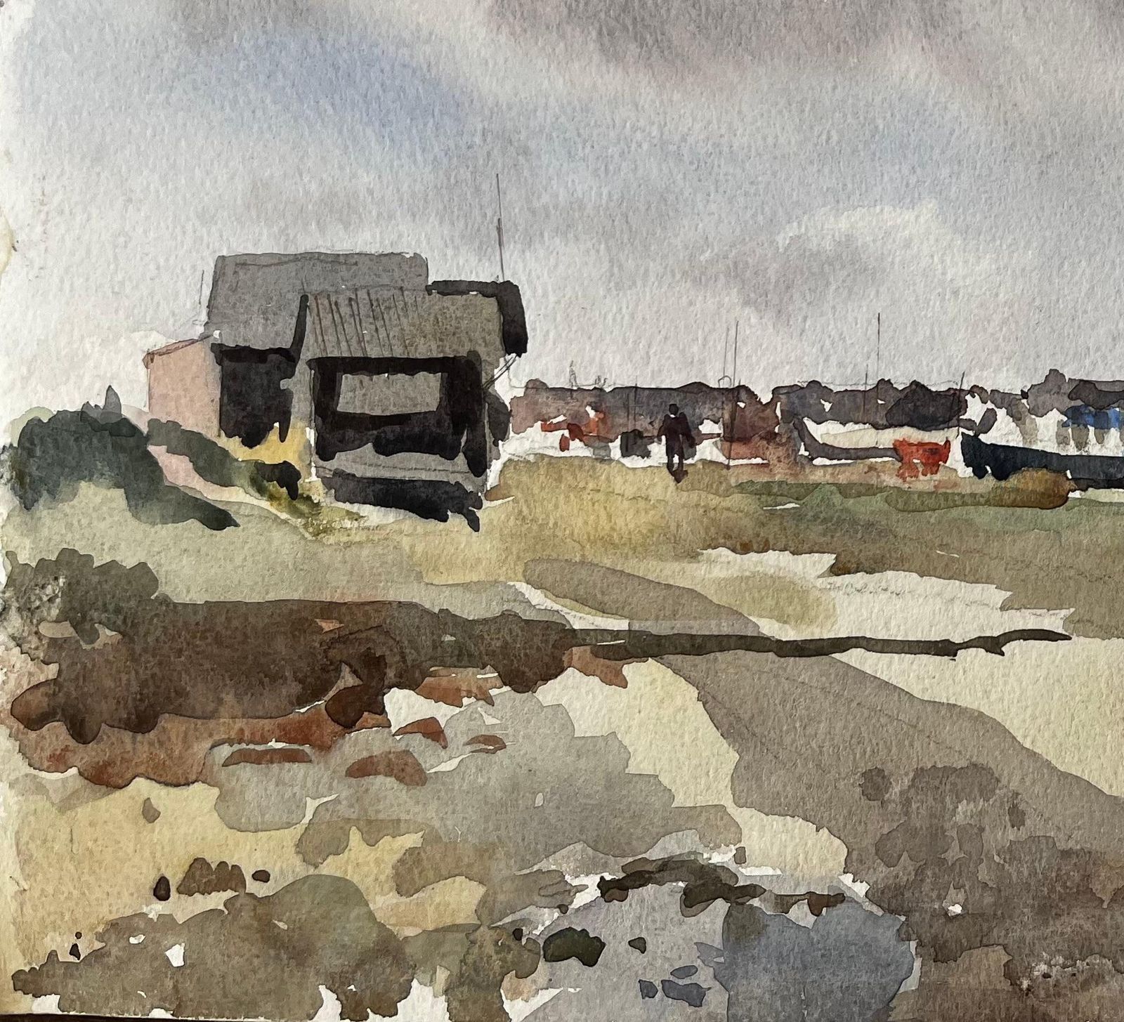 Anthony Herbertcoastal Harbour View With Boat Sheds And Marina British Watercolour Landscape photo for sale