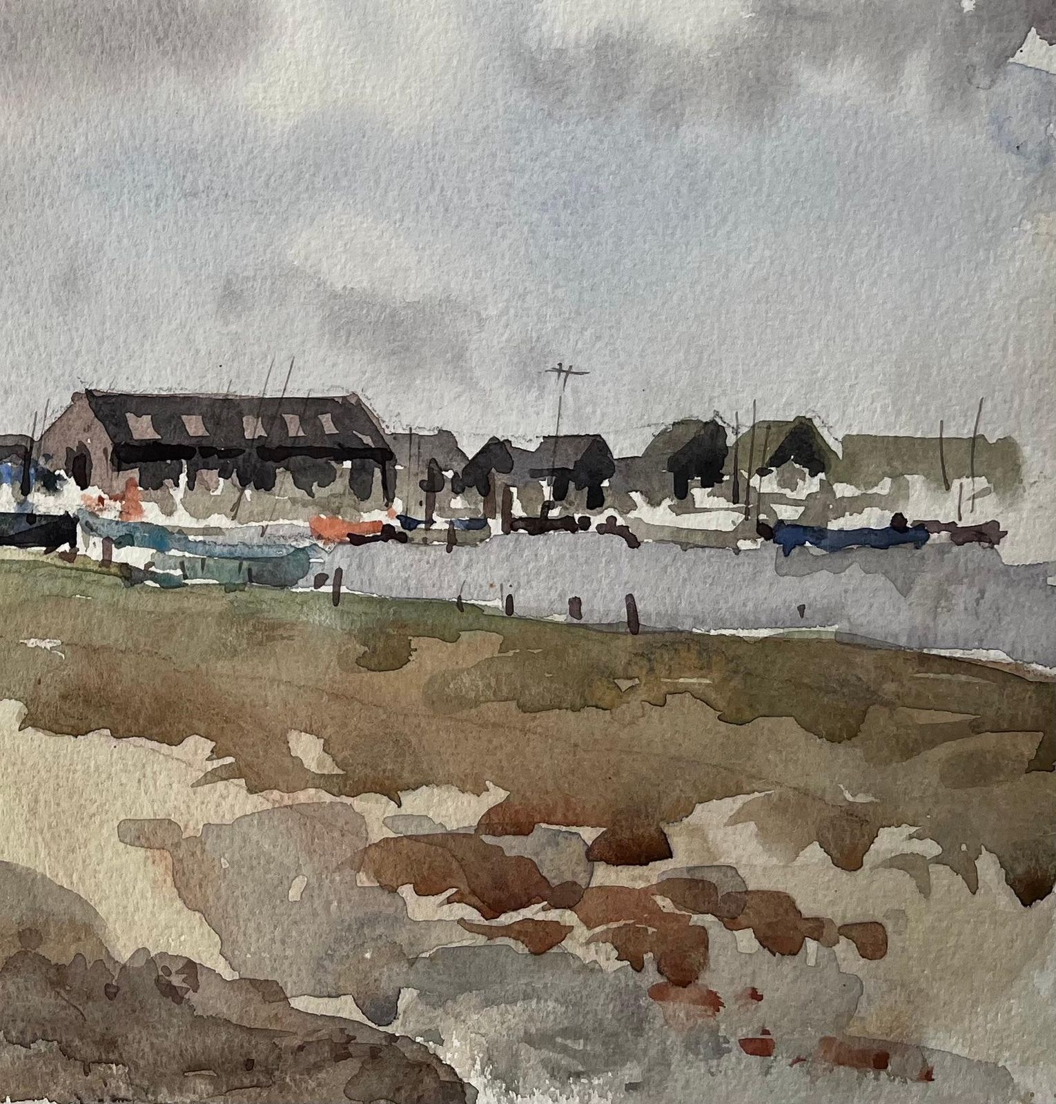 Anthony Herbertcoastal Harbour View With Boat Sheds And Marina British Watercolour Landscape photo 534.0