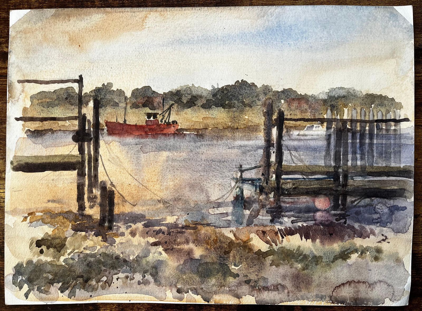 Anthony Herbertcoastal Harbour View With Boat Sheds And Marina British Watercolour Landscape photo vintage