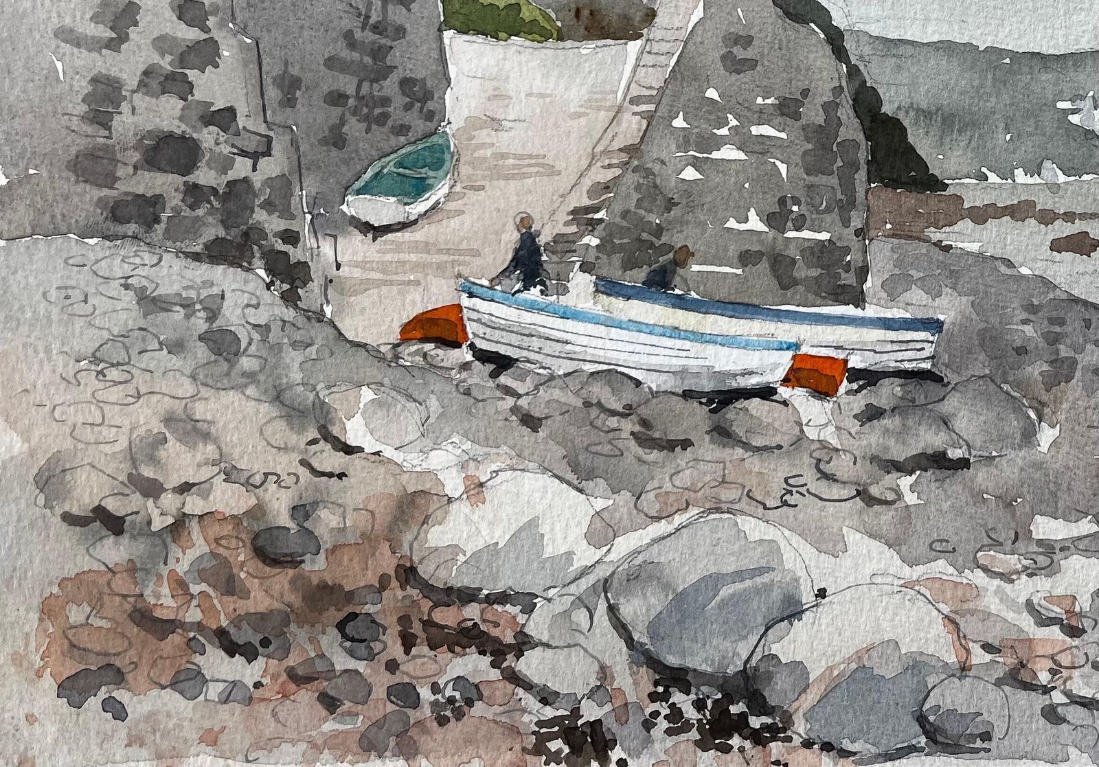 Anthony Herbert1987 Watercolour Of Bucks Mills North Devon With Fishing Boats, Cliffs And Shore1987 photo Art