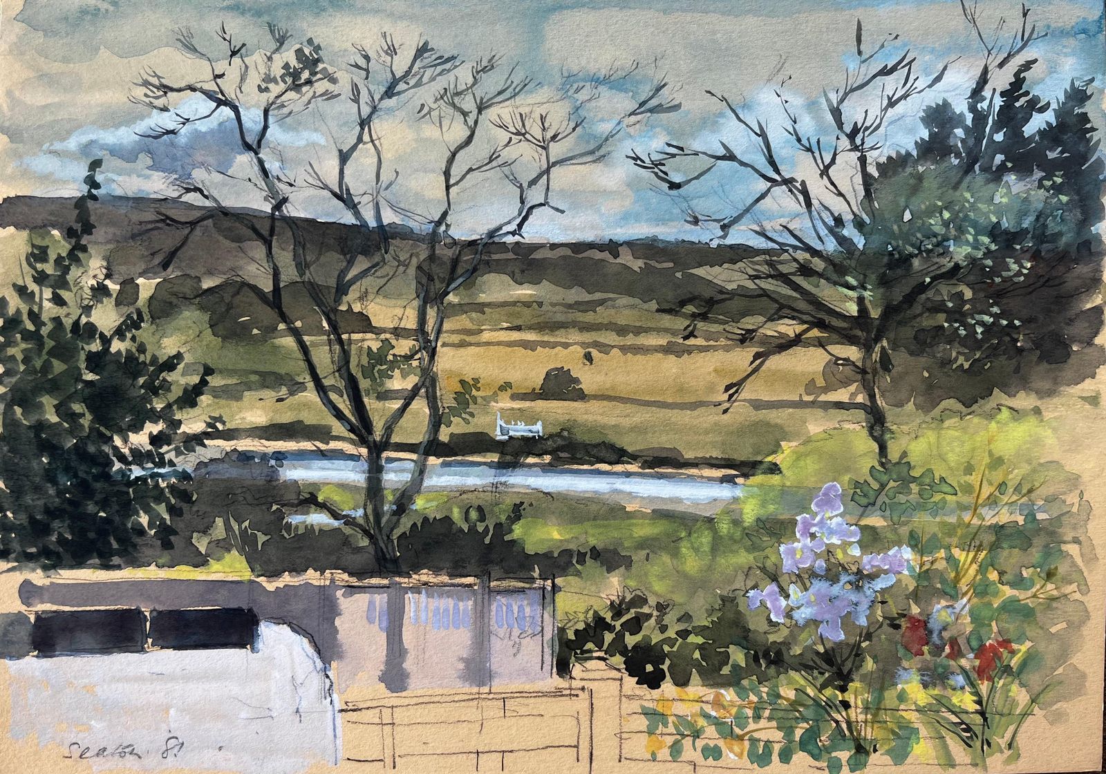 Anthony Herbertseaton Devon Landscape View Through Trees With River And Garden Flowers 19811981