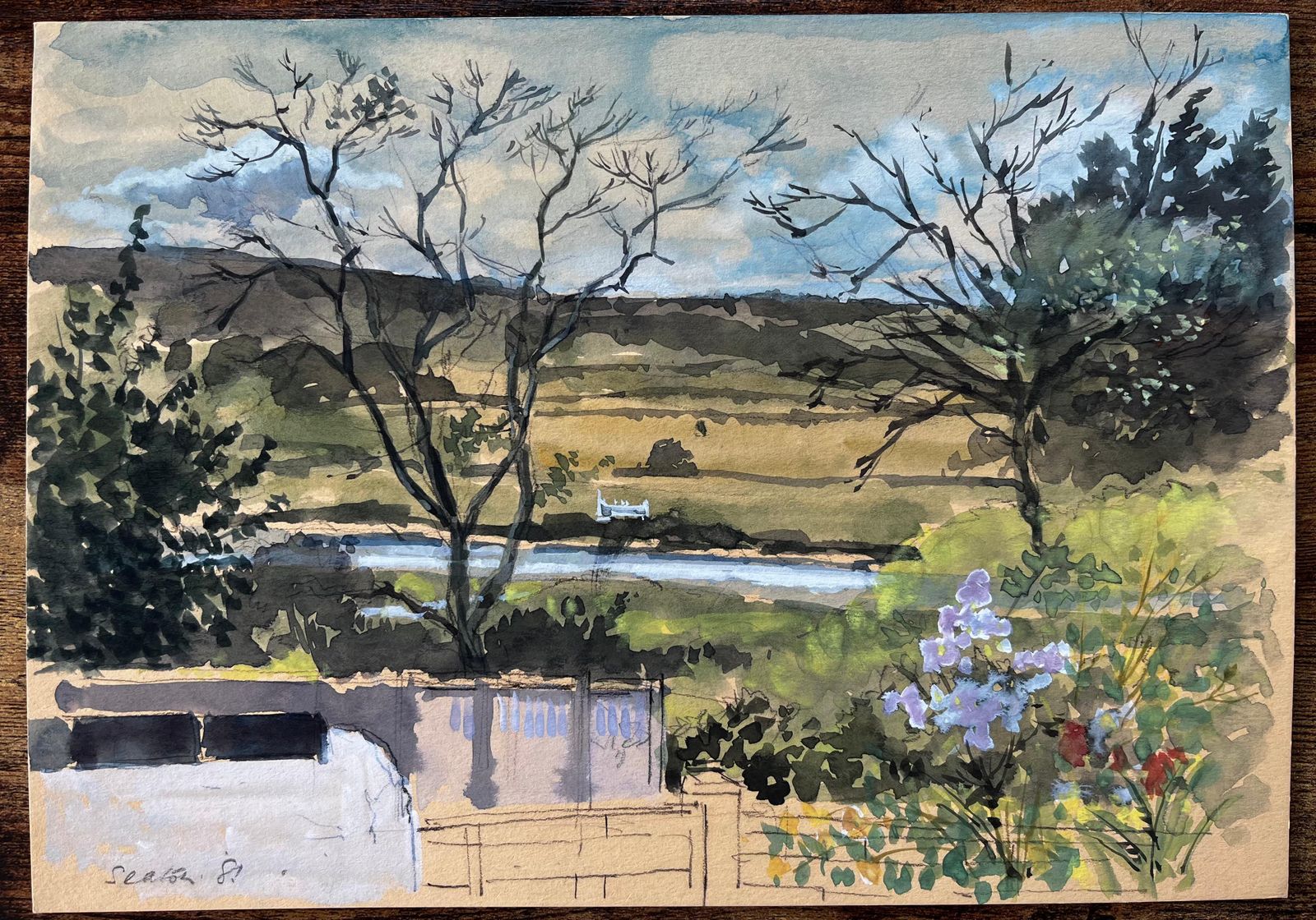 Anthony Herbertseaton Devon Landscape View Through Trees With River And Garden Flowers 19811981 photo furniture