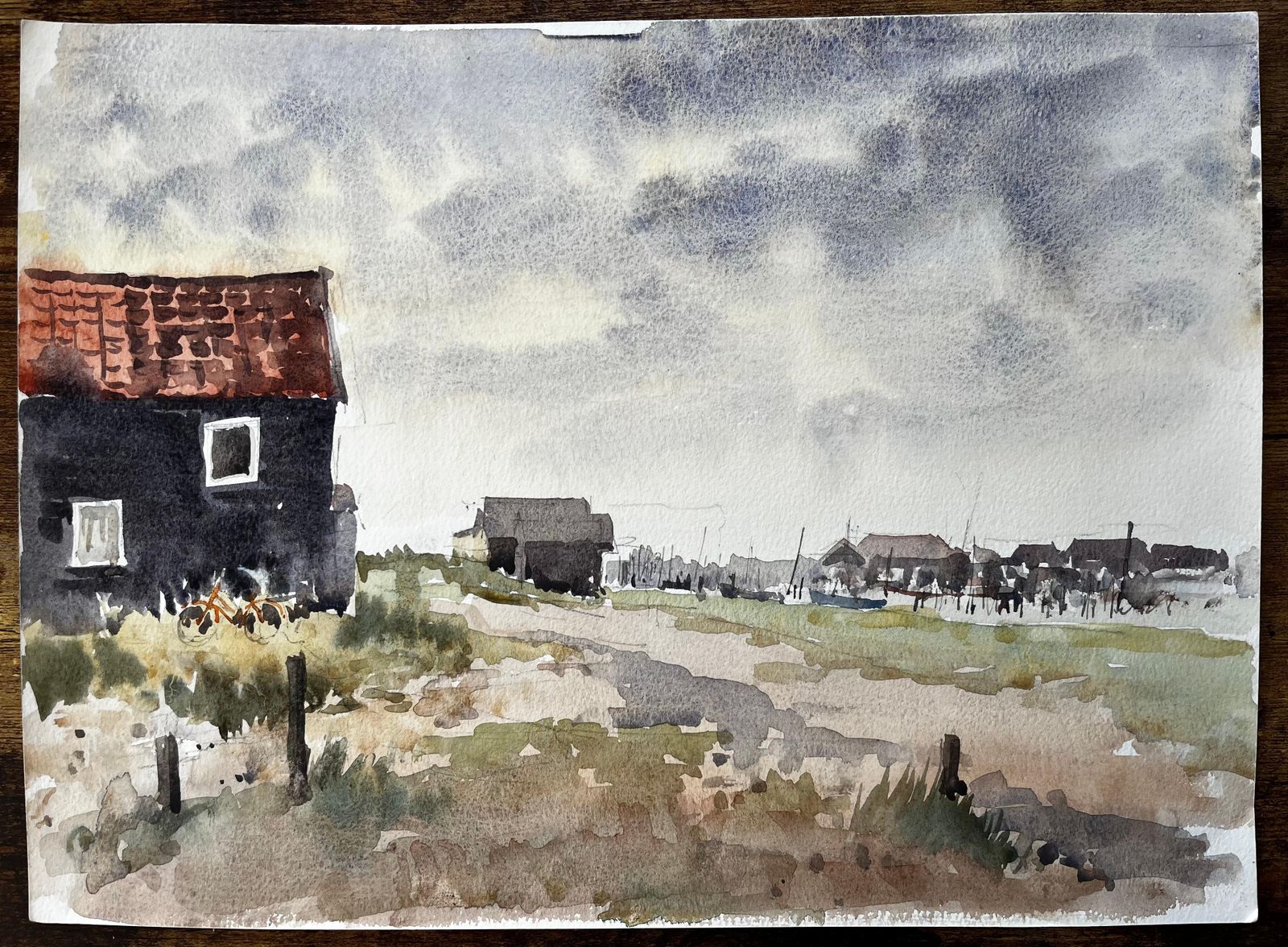 Anthony Herbertoriginal Watercolour Coastal Landscape With Fishing Huts And Bike1994 photo furniture