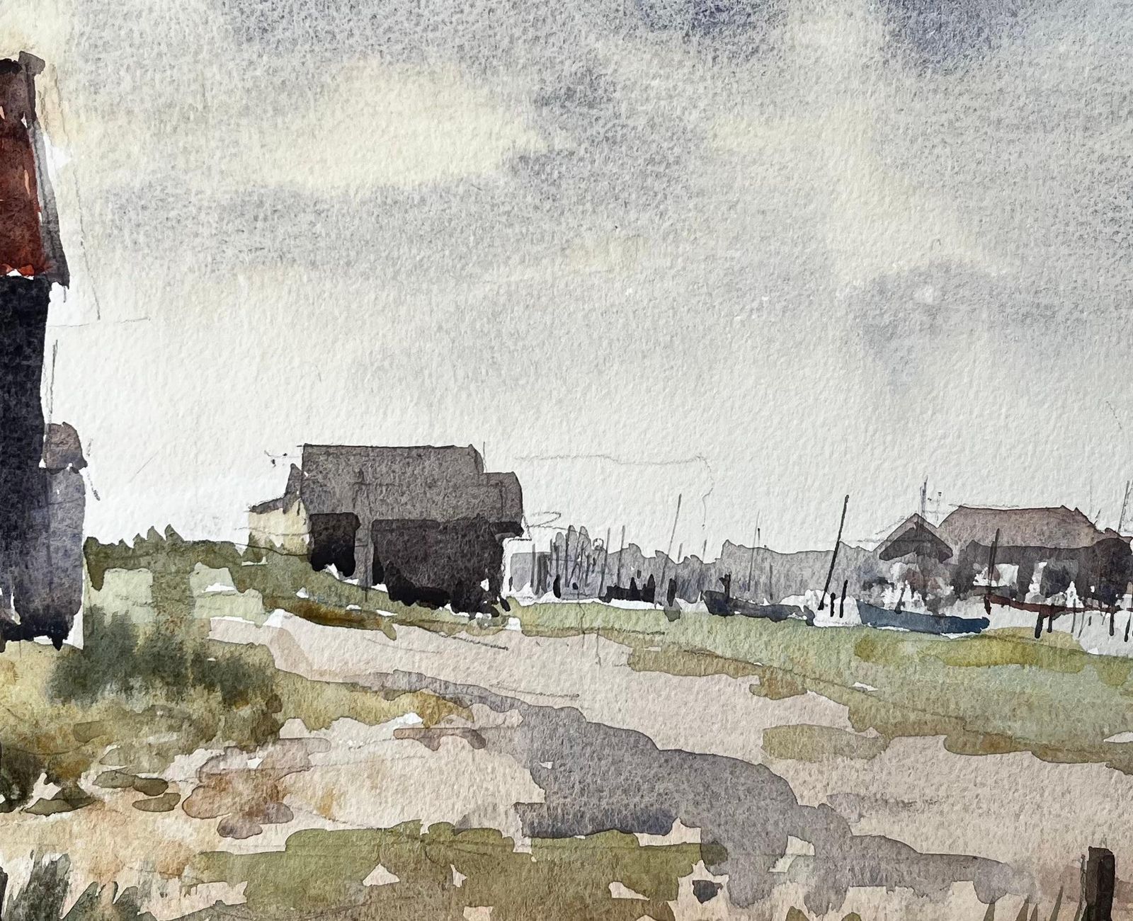 Anthony Herbertoriginal Watercolour Coastal Landscape With Fishing Huts And Bike1994 photo vinterior