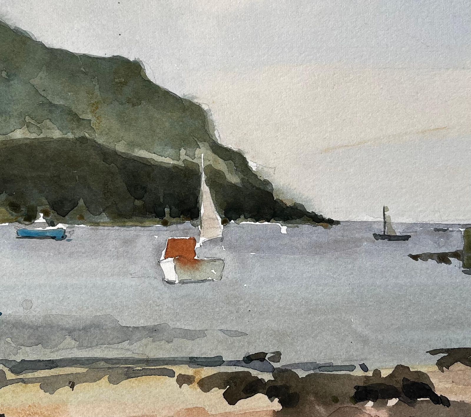 Anthony Herberthope Cove Devon Harbour View With Sailboats And Beach Watercolour Painting 19841984 photo buy