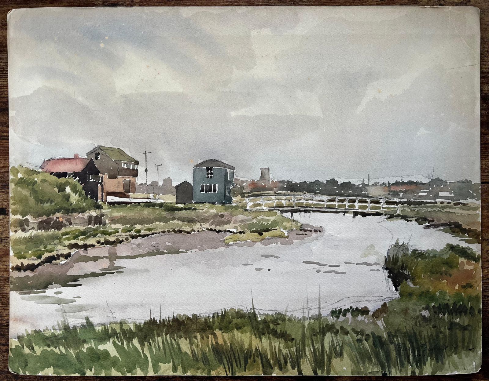 Anthony Herbertwalberswick Suffolk Coastal River Scene With Bridge And Village Watercolour 19811981 photo furniture