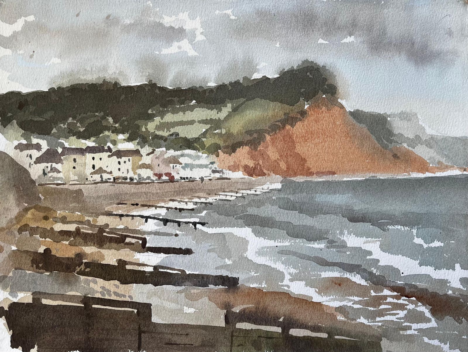 Anthony Herbert1991 Watercolour Of Sidmouth East Devon With Cliffs, Sea And Coastal Townscape1991