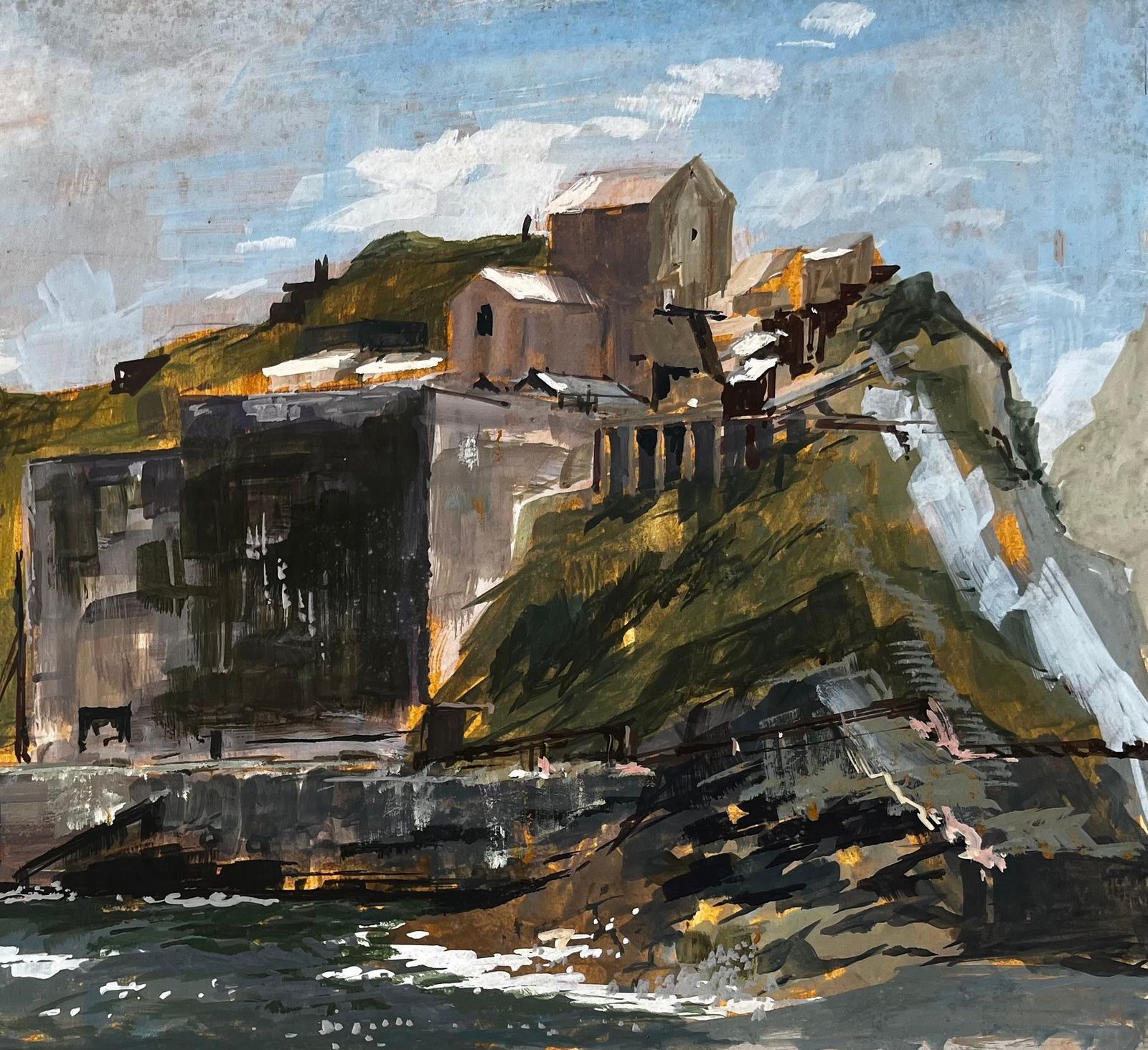 Anthony Herbertporthonstock Cornwall Clifftop Coastal Industrial Ruins Acrylic On Board 19681968 photo for sale