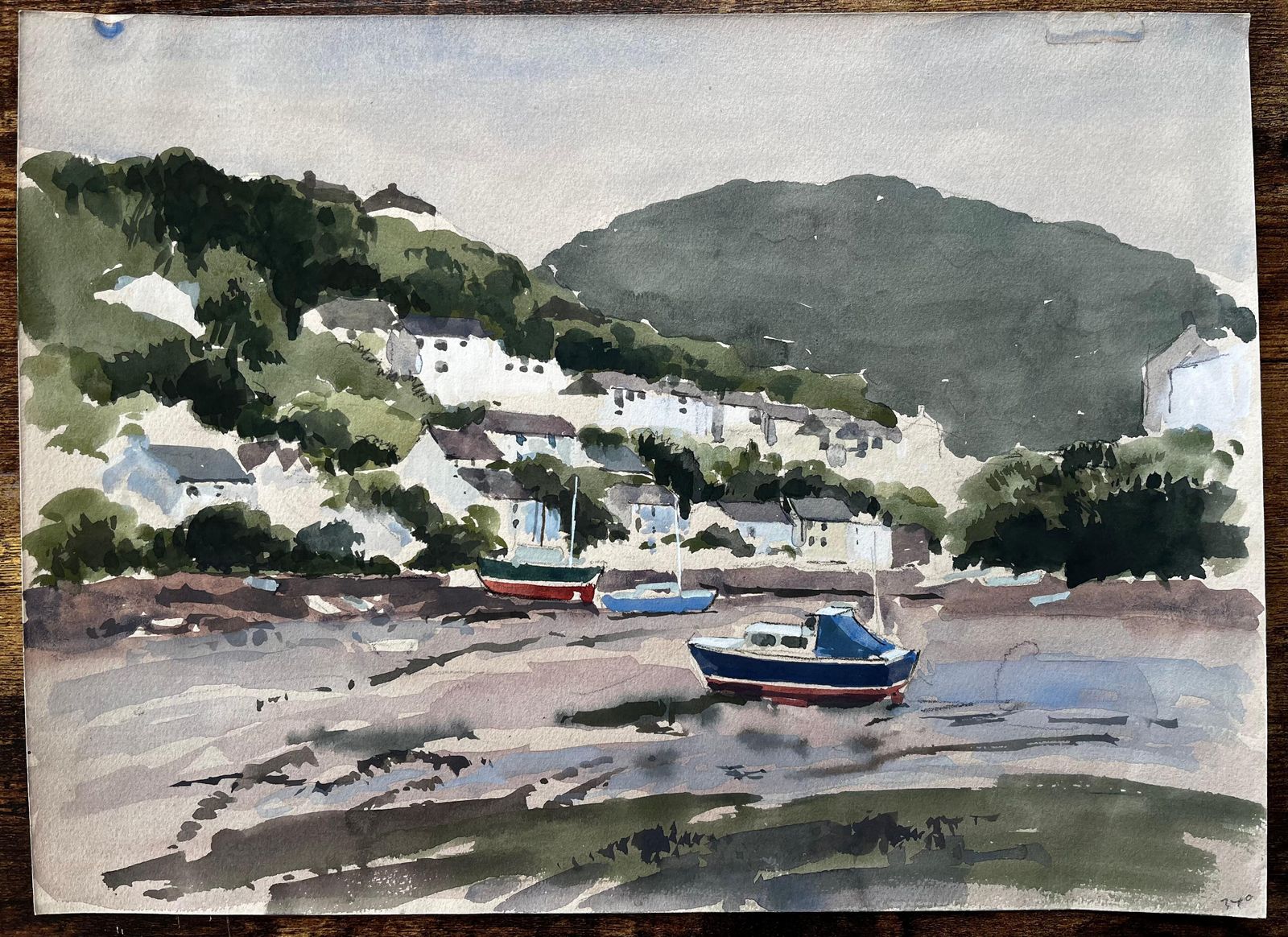 Anthony Herbert1982 Watercolour Of Newton Ferrers Devon With Boats, Hills And Coastal Cottages1982 photo furniture