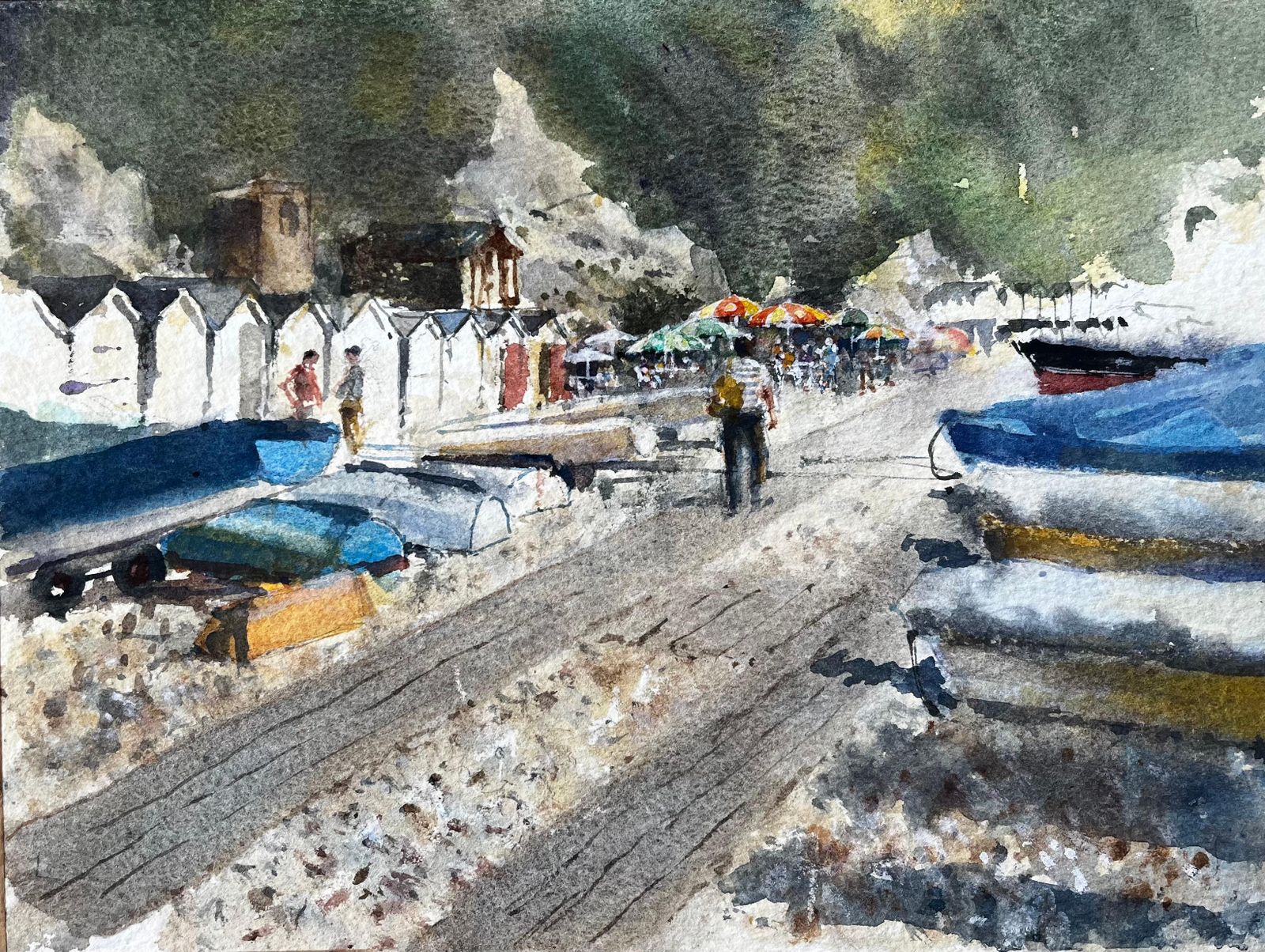 Anthony Herbertbeer Devon Beach Scene With Boats Beach Huts And Umbrellas Watercolour Painting