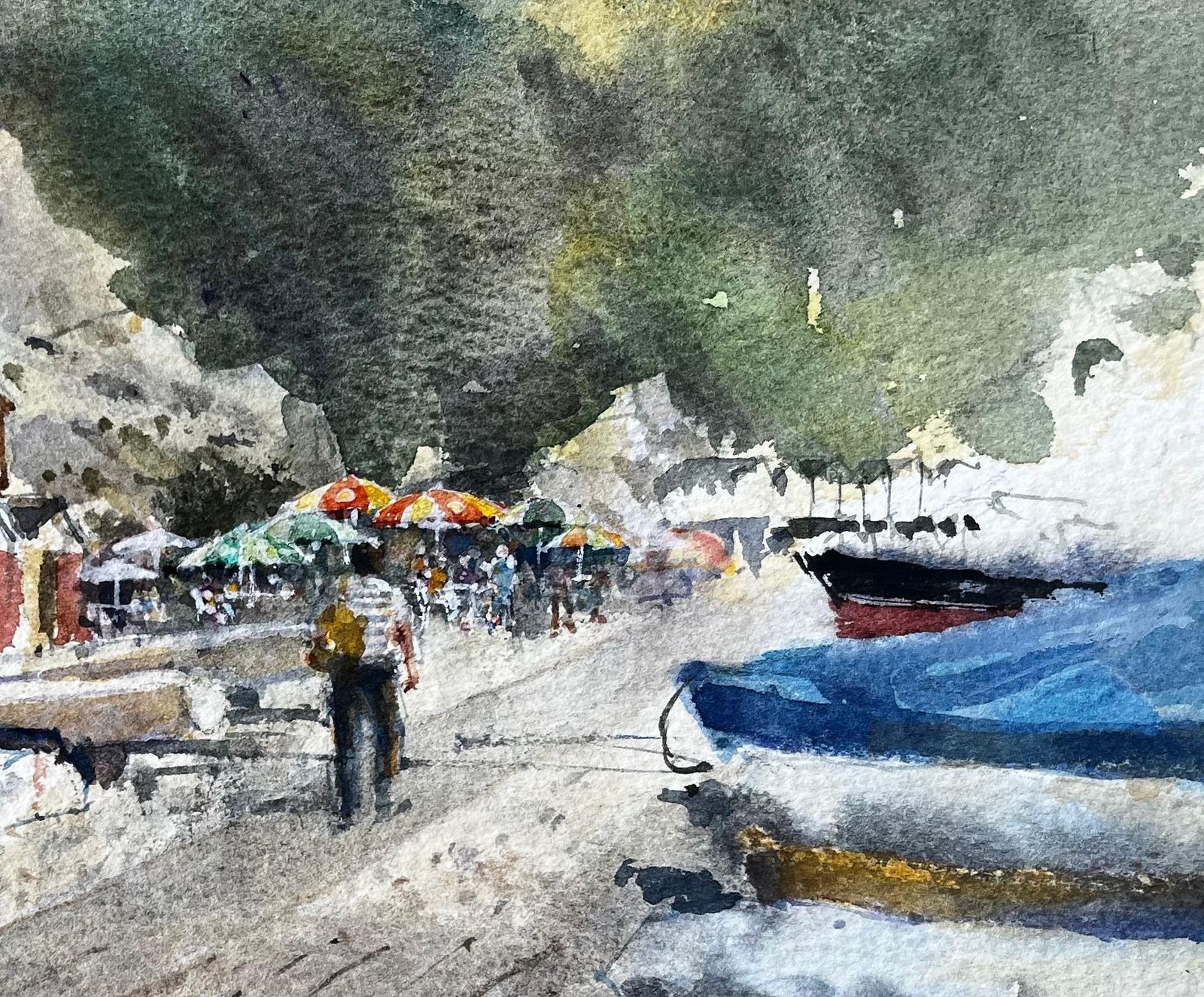Anthony Herbertbeer Devon Beach Scene With Boats Beach Huts And Umbrellas Watercolour Painting photo for sale