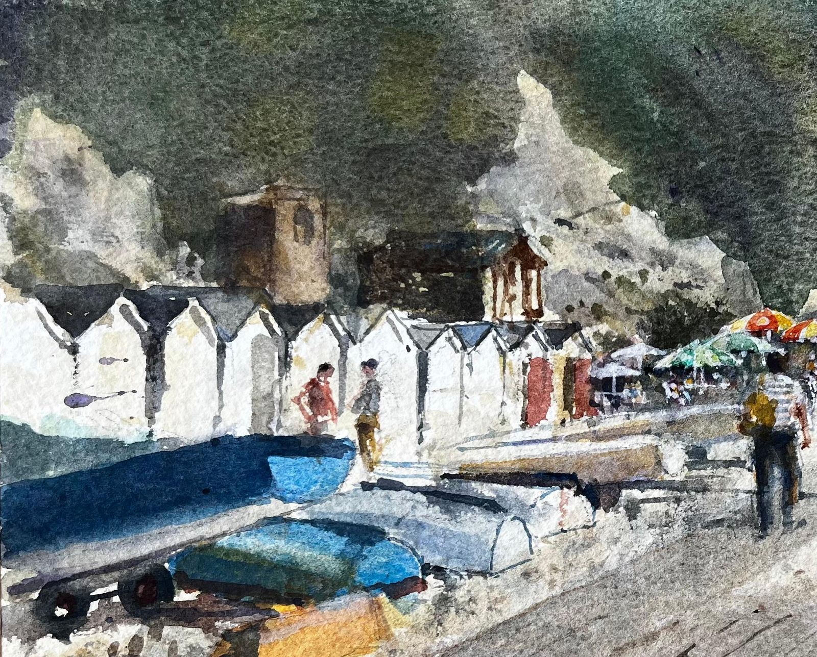 Anthony Herbertbeer Devon Beach Scene With Boats Beach Huts And Umbrellas Watercolour Painting photo Art