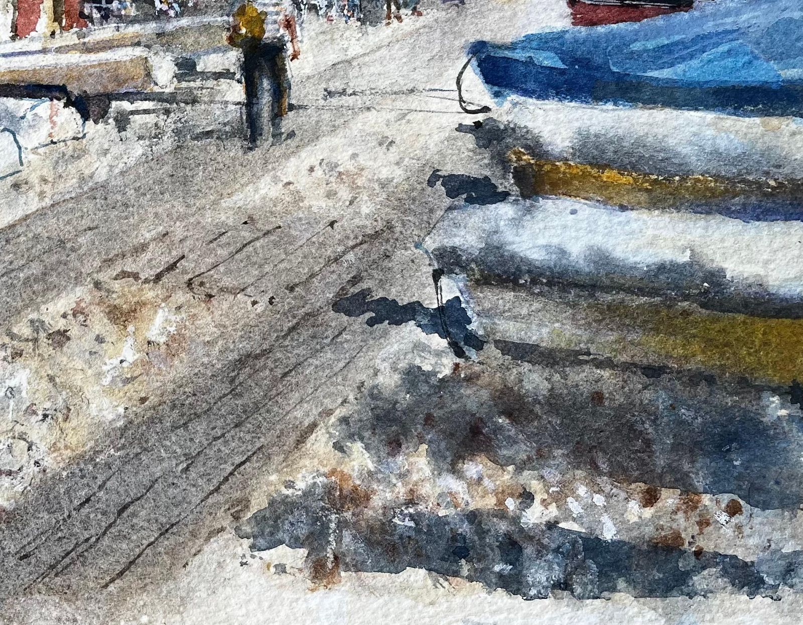 Anthony Herbertbeer Devon Beach Scene With Boats Beach Huts And Umbrellas Watercolour Painting photo 519.0