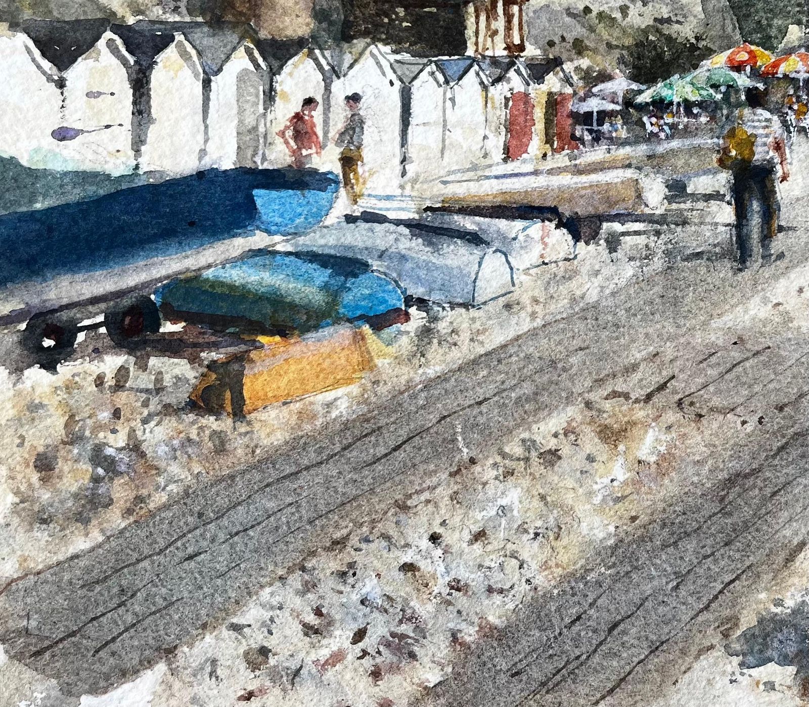 Anthony Herbertbeer Devon Beach Scene With Boats Beach Huts And Umbrellas Watercolour Painting photo vinterior