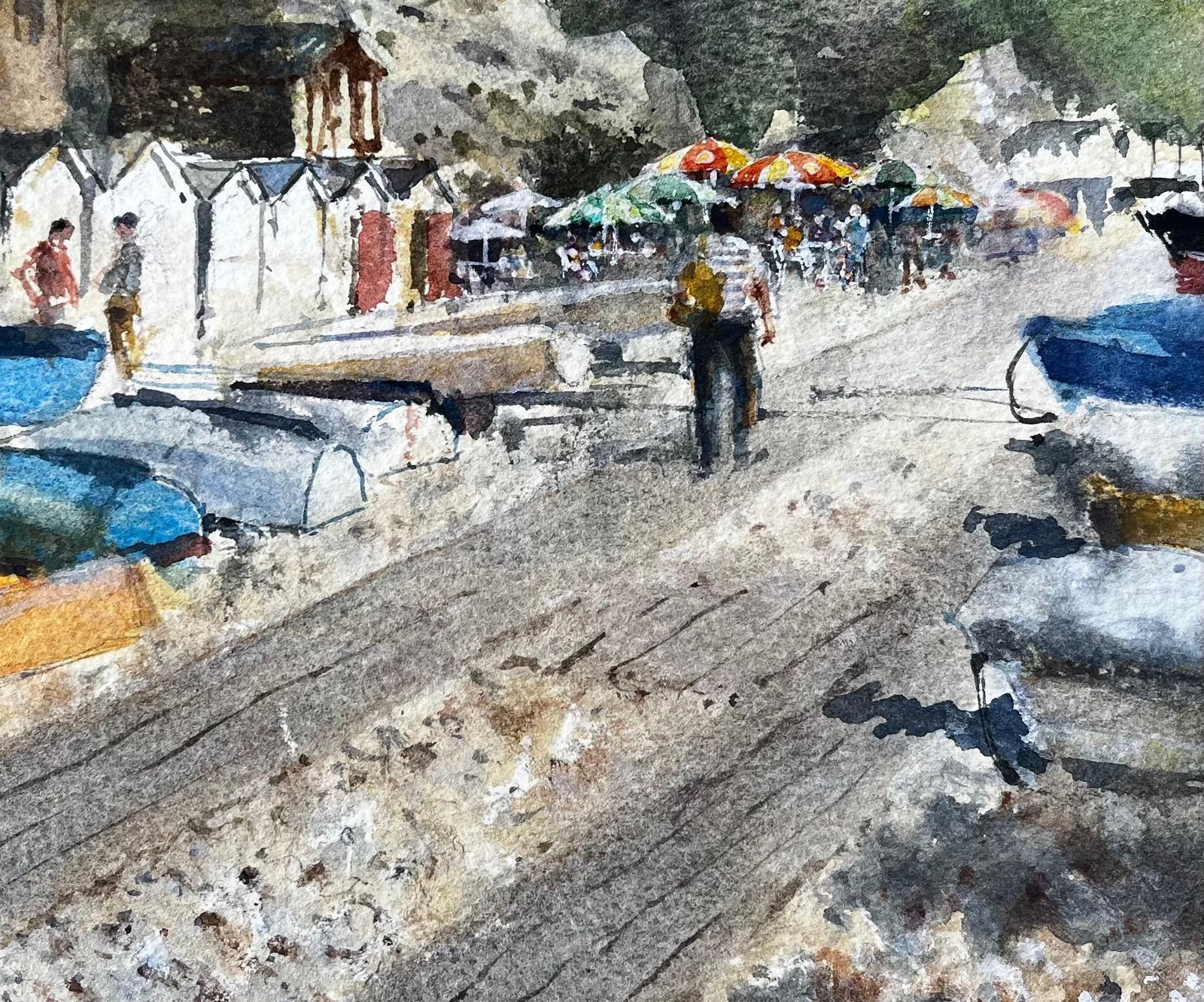 Anthony Herbertbeer Devon Beach Scene With Boats Beach Huts And Umbrellas Watercolour Painting photo buy