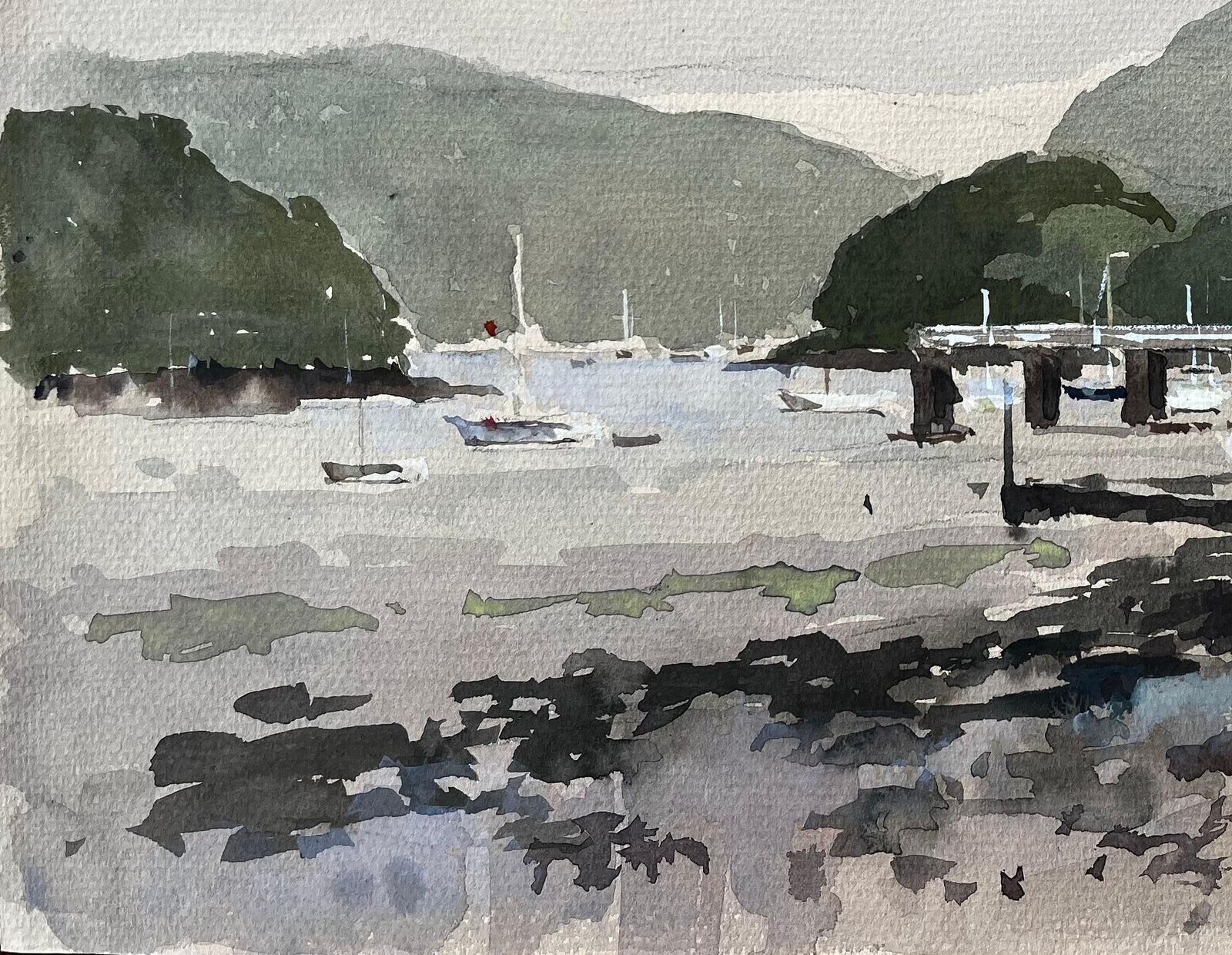 Anthony Herbert1982 Watercolour Of Dittisham River Dart Devon With Boats And Woodland Hills1982 photo Art