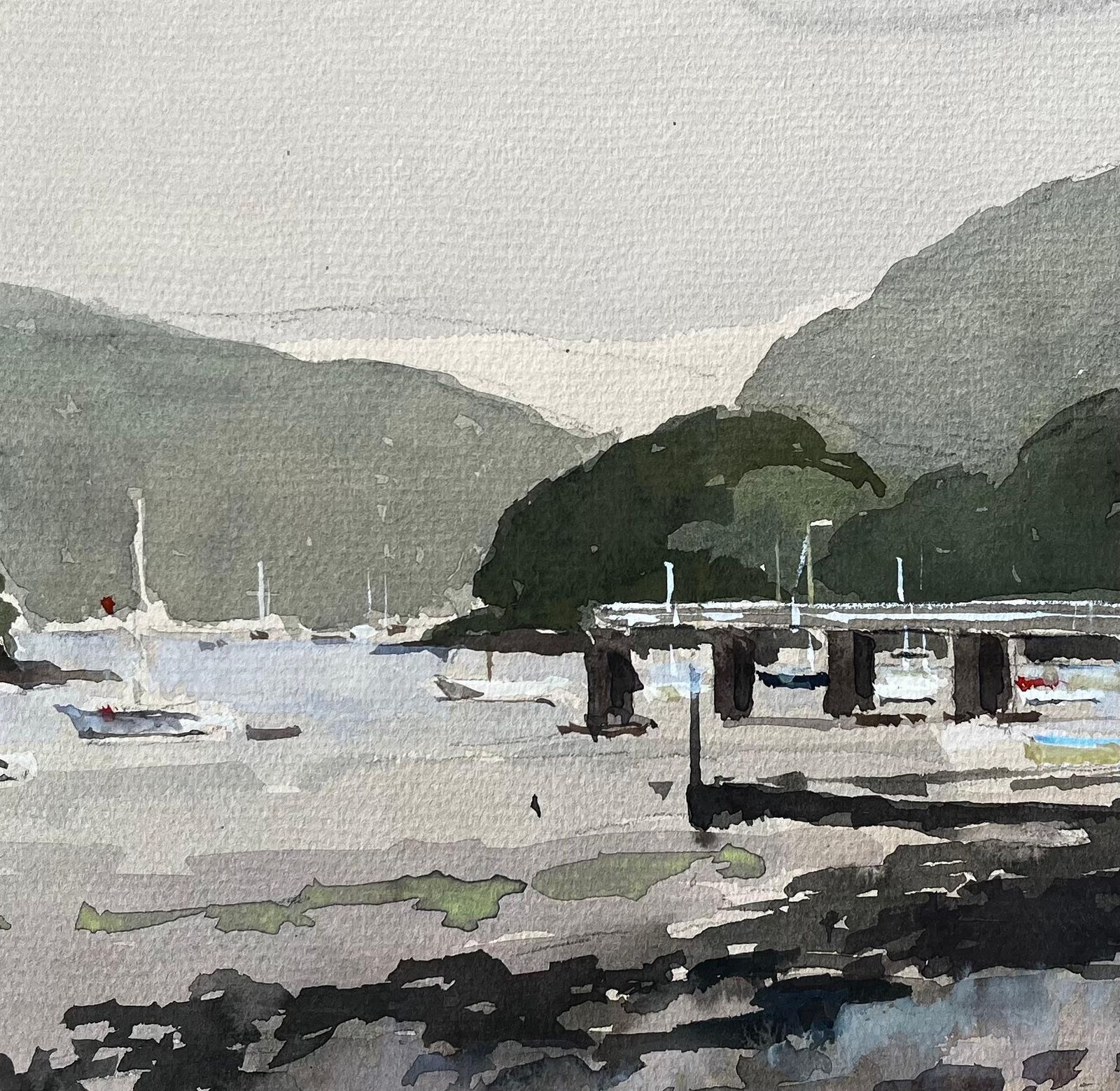 Anthony Herbert1982 Watercolour Of Dittisham River Dart Devon With Boats And Woodland Hills1982 photo buy