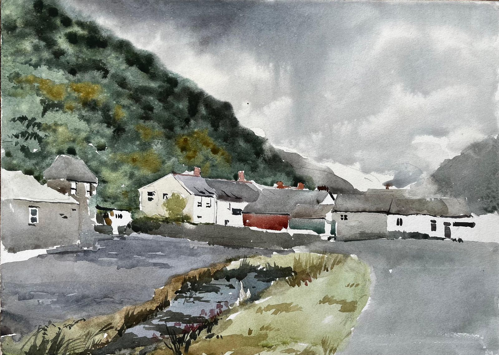 Anthony Herbert1977 Watercolour Of Boscastle Village North Cornwall With Hill View And Cottages1977
