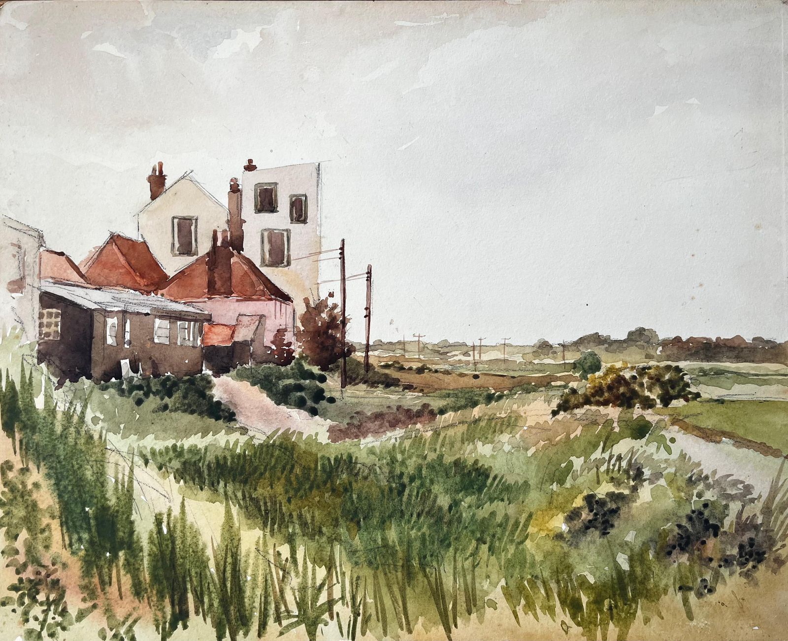 Anthony Herbertbritish Village Edge Red Roof Houses And Rural Track Watercolour Landscape
