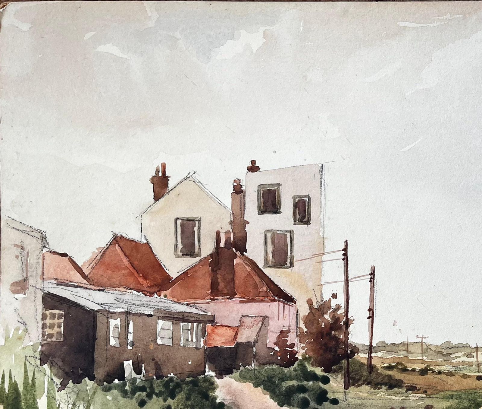 Anthony Herbertbritish Village Edge Red Roof Houses And Rural Track Watercolour Landscape photo for sale